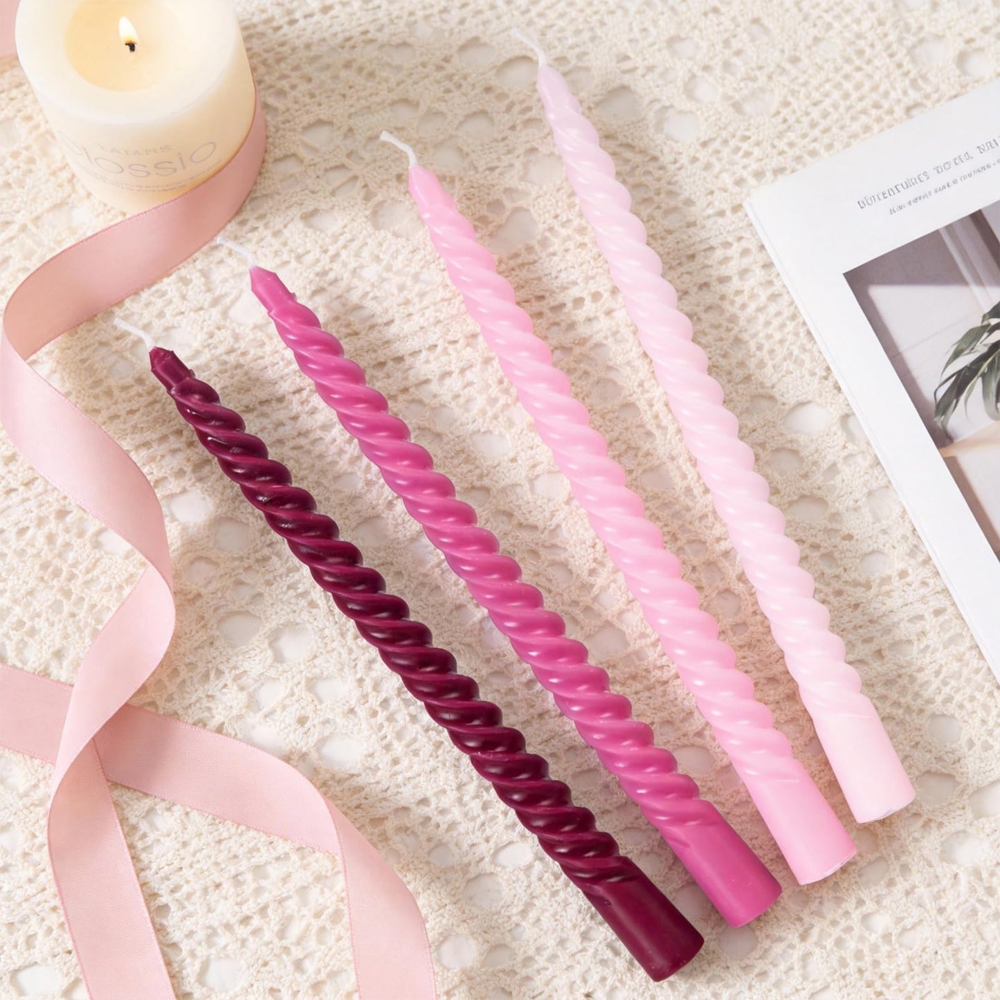Pink Spiral Taper Candles, 10 inch Gradient Twisted Candles,4 Pack Unscented and Smokeless Long Burning Candles with Cotton Wicks,Tall Candlesticks,Ideal for Weddings, Dinner Parties, and Home Décor