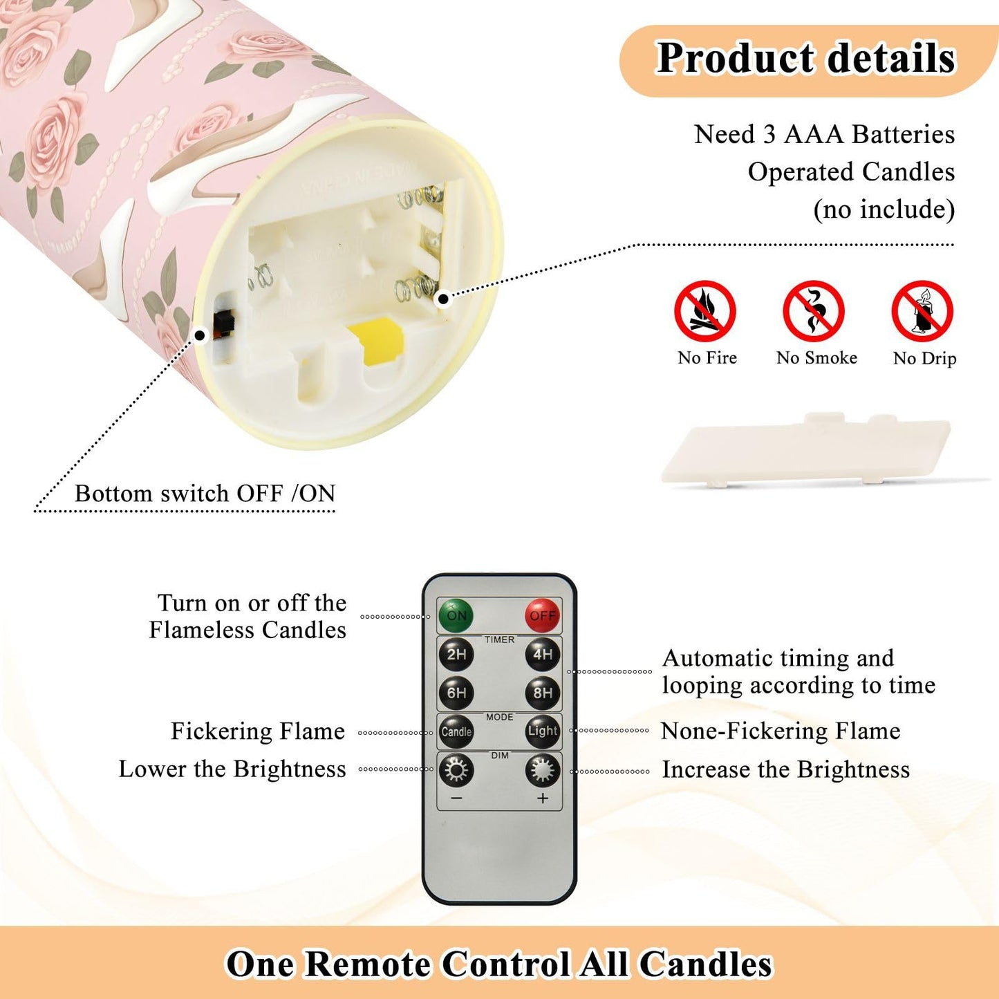 Gravopti Pearls & Heels 2 Pack Flameless LED Pillar Candles with Remote & Timer, Battery Operated, Flickering Wax Candle for Wedding, Romantic Home & Party Decor