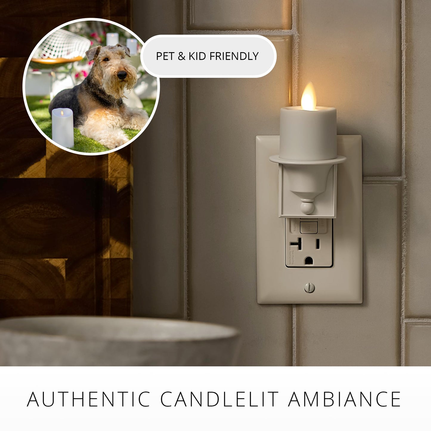 Luminara Flameless Candle Nightlight w/Dusk to Dawn Light Dark Auto Sensor, White Wall Plug Indoor Night LED Light w/Real-Flame Effect Technology, Bathroom Bedroom Hallway, No Remote Needed