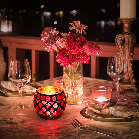 3.3" x 2.7" Valentines Day Votive Candle Holder for Tealight | Romantic Mosaic Tea Light Holder | Candle Lamp Aromatherapy Candlescape Bow | Valentines Day Table Centerpiece, Party Decor