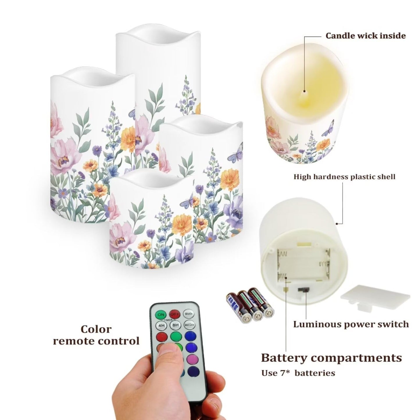 Uorisanigo Floral Flameless LED Candles with Remote and Timer - Set of 4 Electric Pillar Candles for Home Decor