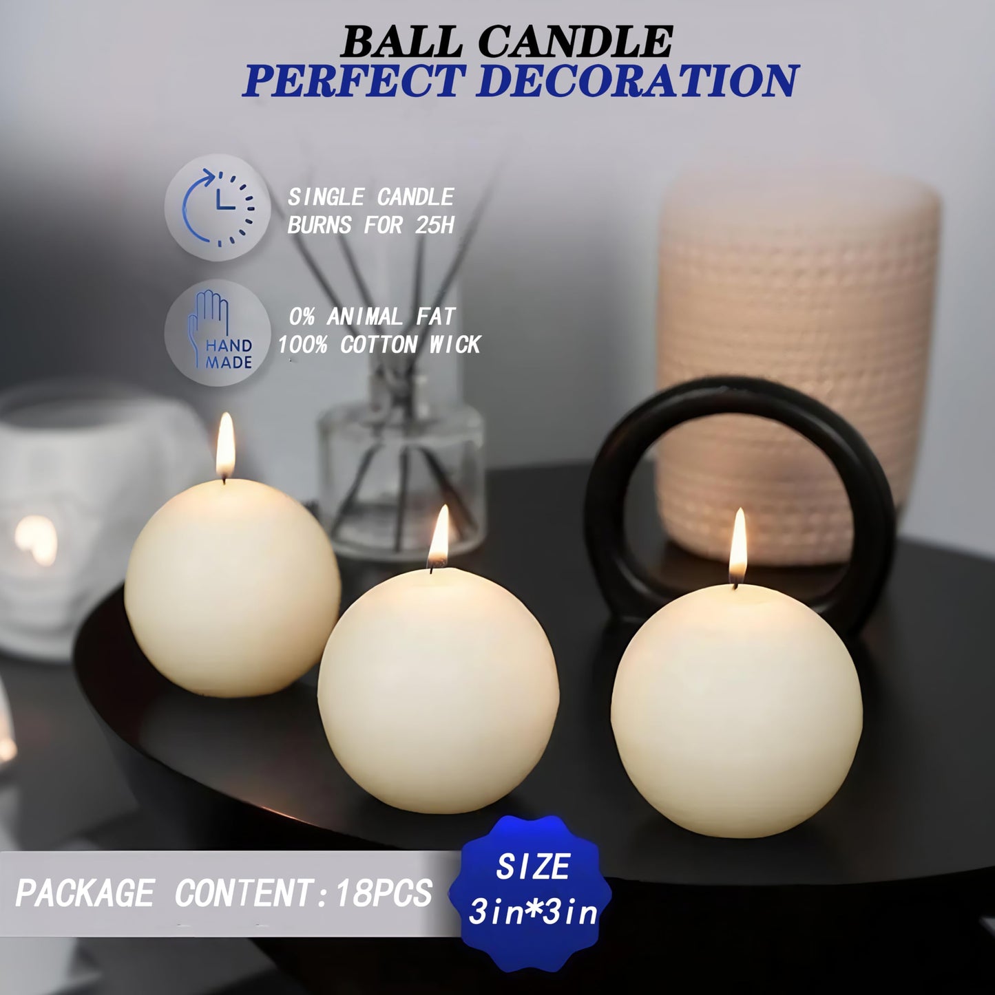 Trxvxo 18 PCS Ivory Round Candles,3 in Ball Candles Bulk Set,Dripless Unscented Smokeless，Whether You're Hosting a Wedding or Other Party, or Decorating Your Home,It's a Great Choice.