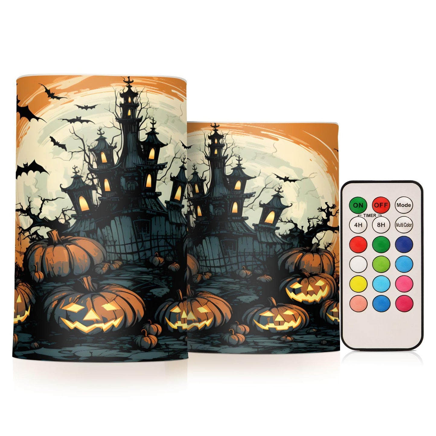ALAZA Halloween Pumpkins Castle Bat4 Flickering Flameless Candles Battery Operated with Remote Timer,Tea Light Candles LED Pillar Votive Candles Set of 2 for Outdoor Indoor Decorations