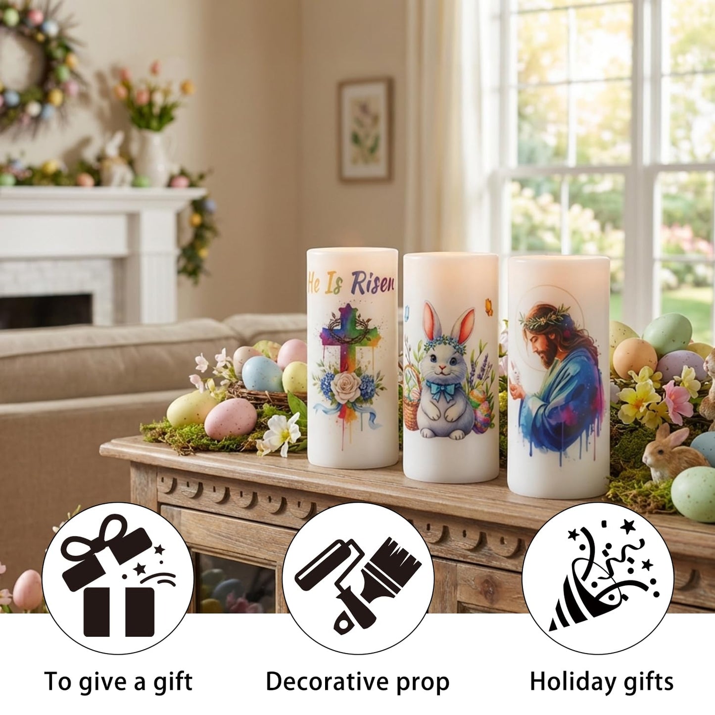 Aulaygo 3PCS Nativity Easter Flameless Candles with Remote Control,Christian Cross Bunny LED Candles for Spring Easter Home Decor