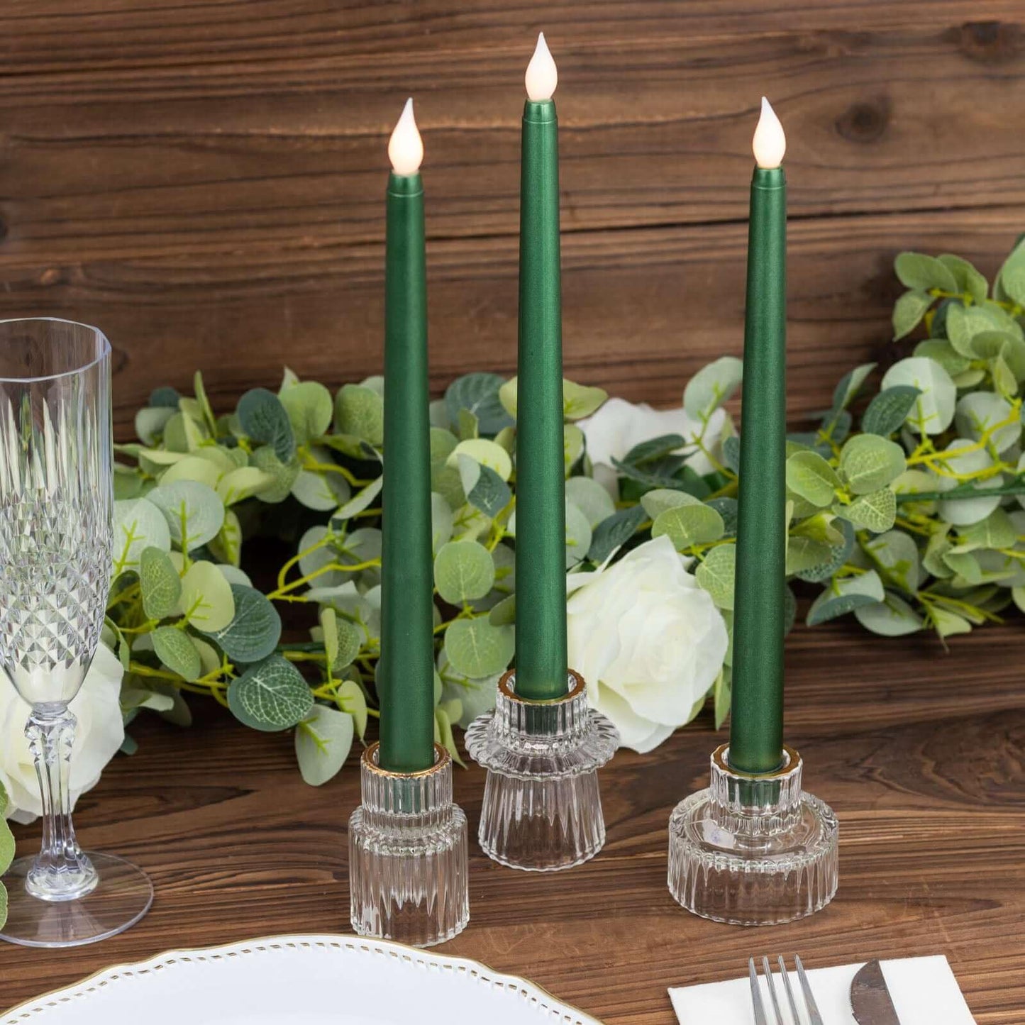 Efavormart Set of 3 | 11" Hunter Emerald Green Flameless LED Taper Candles, Warm Flickering Battery Operated Candles for Christmas & Forest Theme Decor