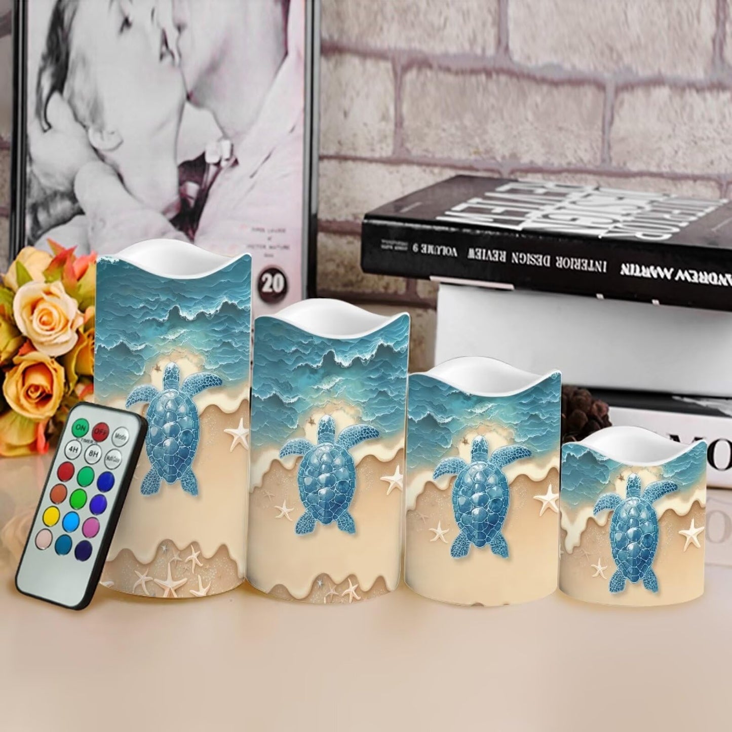 Cozeyat Beach Dolphin LED Pillar Candles 4 Pack Battery Operated Flameless with Remote Control Timer Color Changing for Wedding Birthday Home Garden