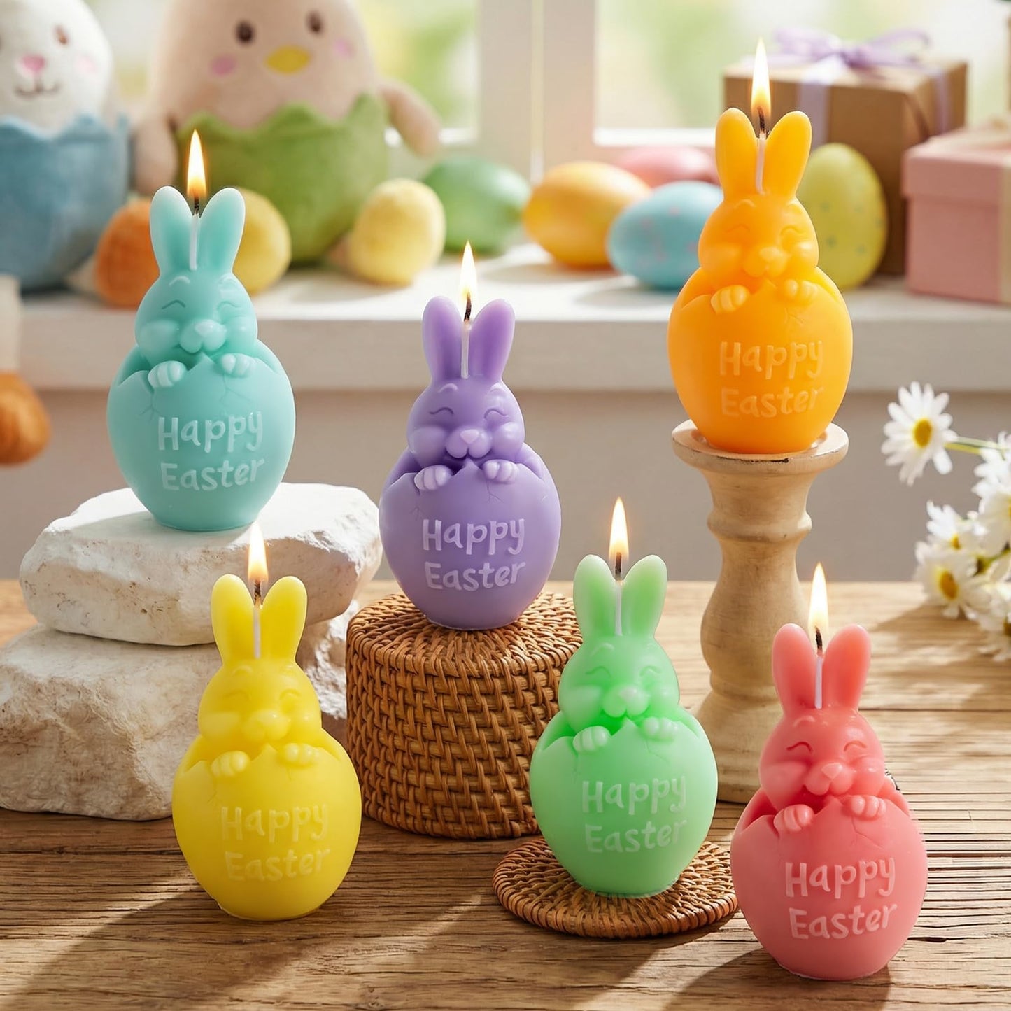 Lanpn 6 Pcs Easter Bunny Candles Gift Set, Mini Rabbit Shaped Votive Tea Lights, Easter Flower & Fruit Scented Candles, Each 4.4 oz, Spring Party Holiday Decor Home Table Centerpiece, Macaron Color