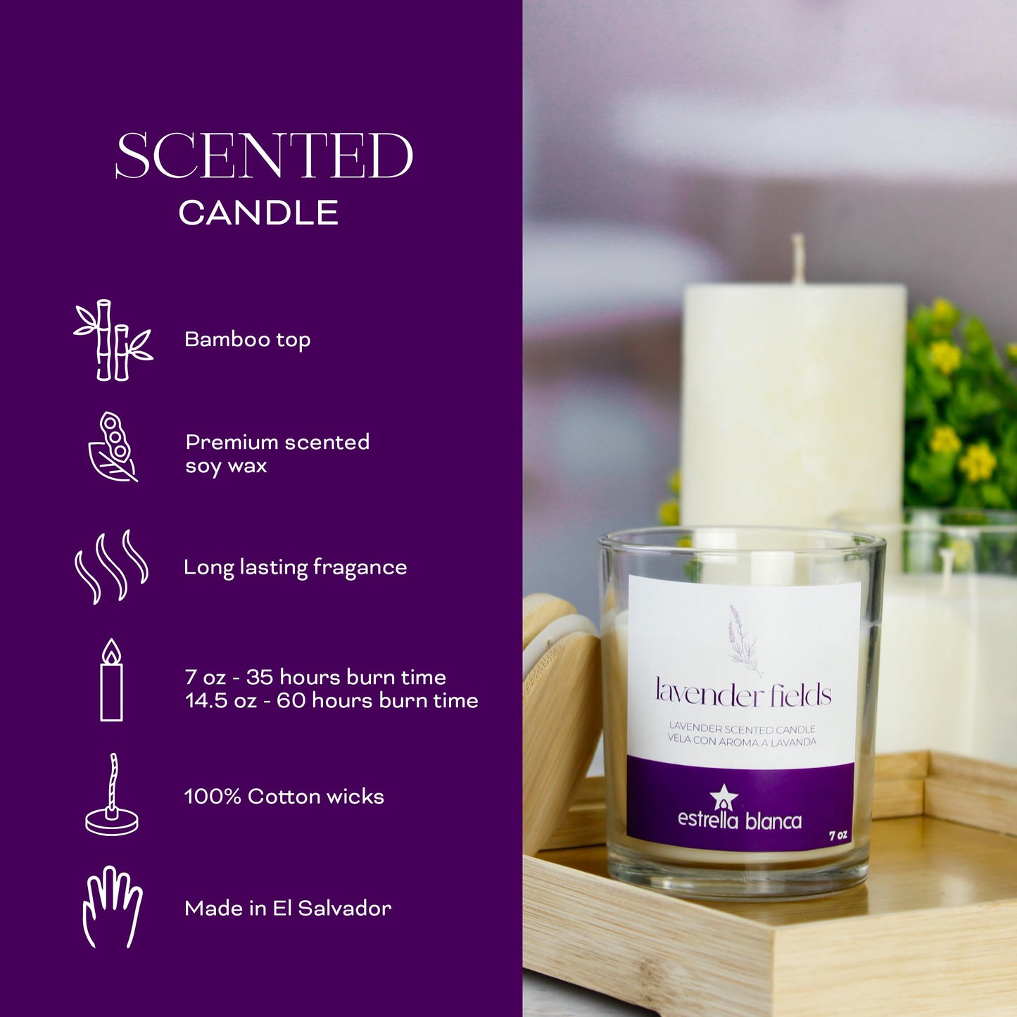 Estrella Blanca Lavender Fields Candle 7oz – Best Smelling Soy Candle, Non Toxic, Long Lasting, Gift for Women, Natural Soy Wax, Home Decor & Spa Ambience, Aromatherapy, Relaxing Home Scent