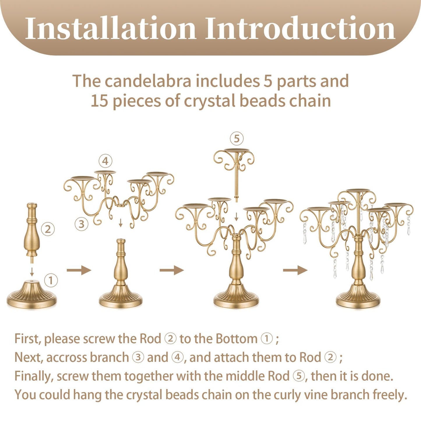 Sziqiqi Candelabra Centerpieces Gold Candle Holder - 5 Arm Pillar Candle Holders with Crystal Beads for Christmas Table Centrepiece Halloween Wedding Candleholders Decoration