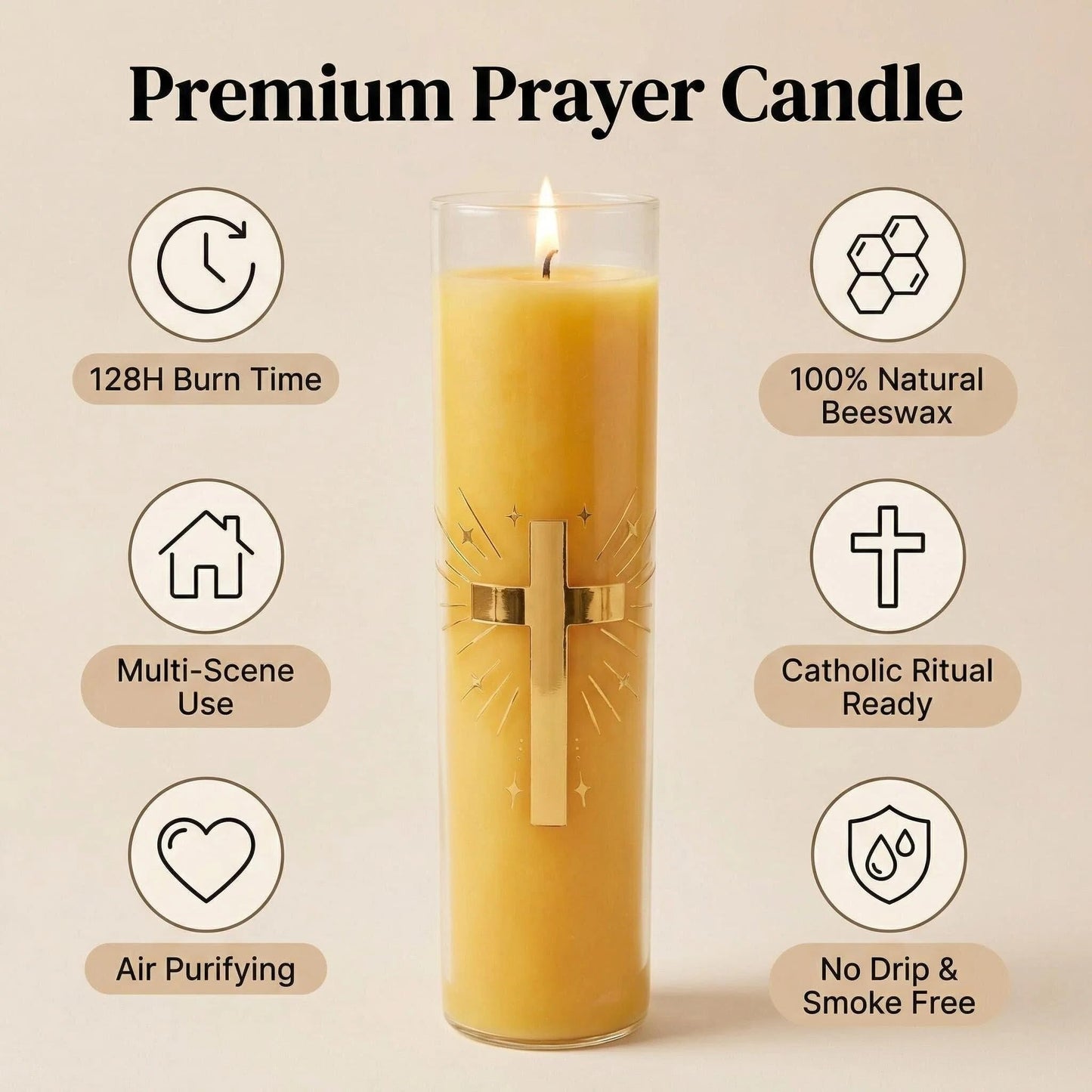 Eechen Charm 128 Hours Long Burning Beeswax Candles,Pure Beeswax Pillar Candles in Glass Jar,Unscented Natural Beeswax Prayer Candles for Religious Ceremony,Memorial,Vigil,Emergency (Yellow)