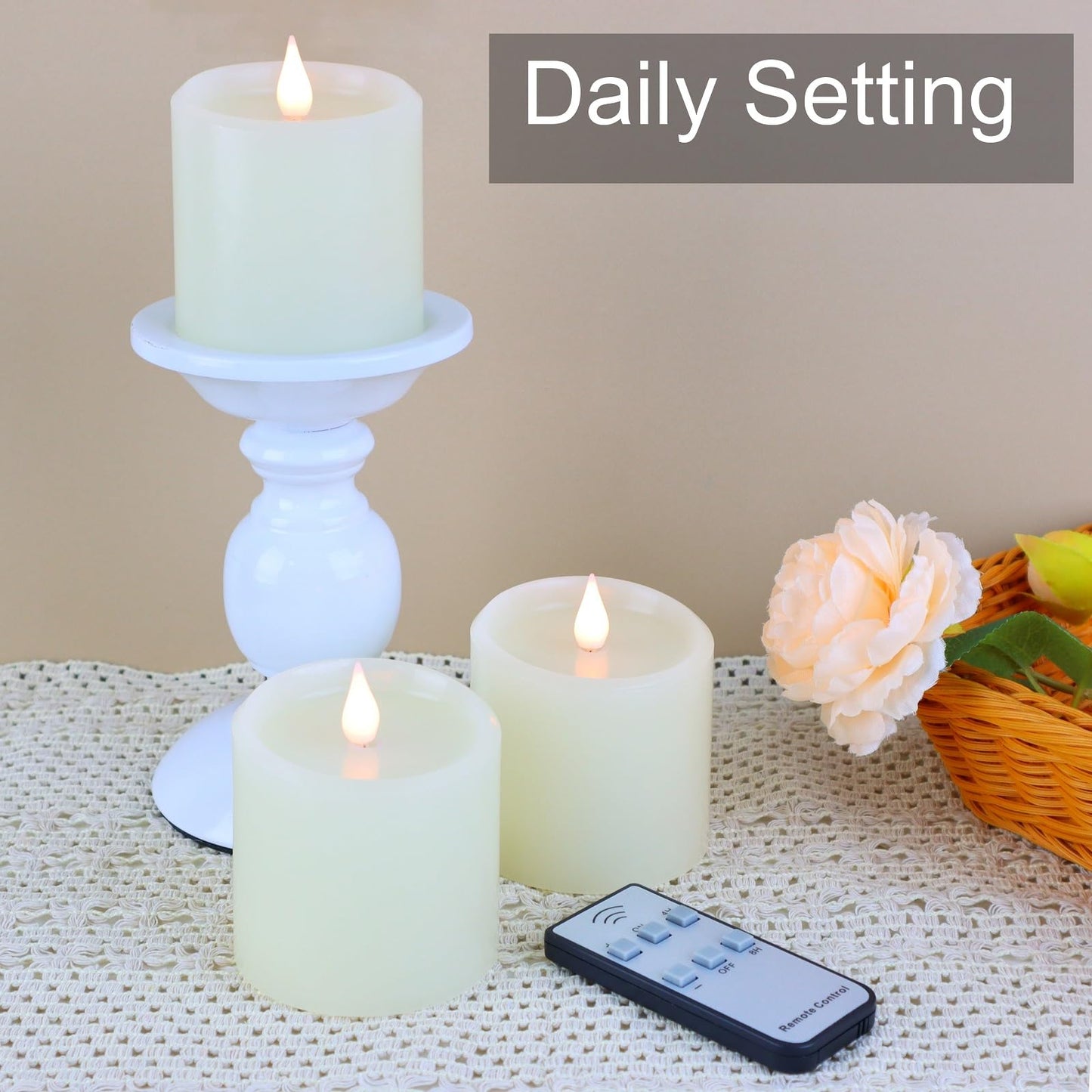 Kuandawei Flameless Candles with Timer, Flickering LED Candles Battery Operated with Remote, 3D Moving Flame, Real Wax 3" x 3" Electric Fake Candle for Home Party Decorations, 3 Pack