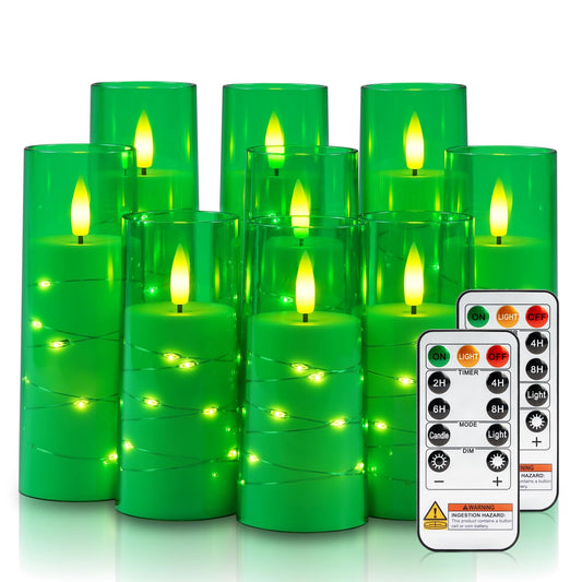 Raycare St. Patrick's Day Flameless Candle with Remote Timer – 9 Flickering Acrylic Battery Operated LED Pillar Candles with Embedded Star String for Home Decor, and as a Gift(Green)