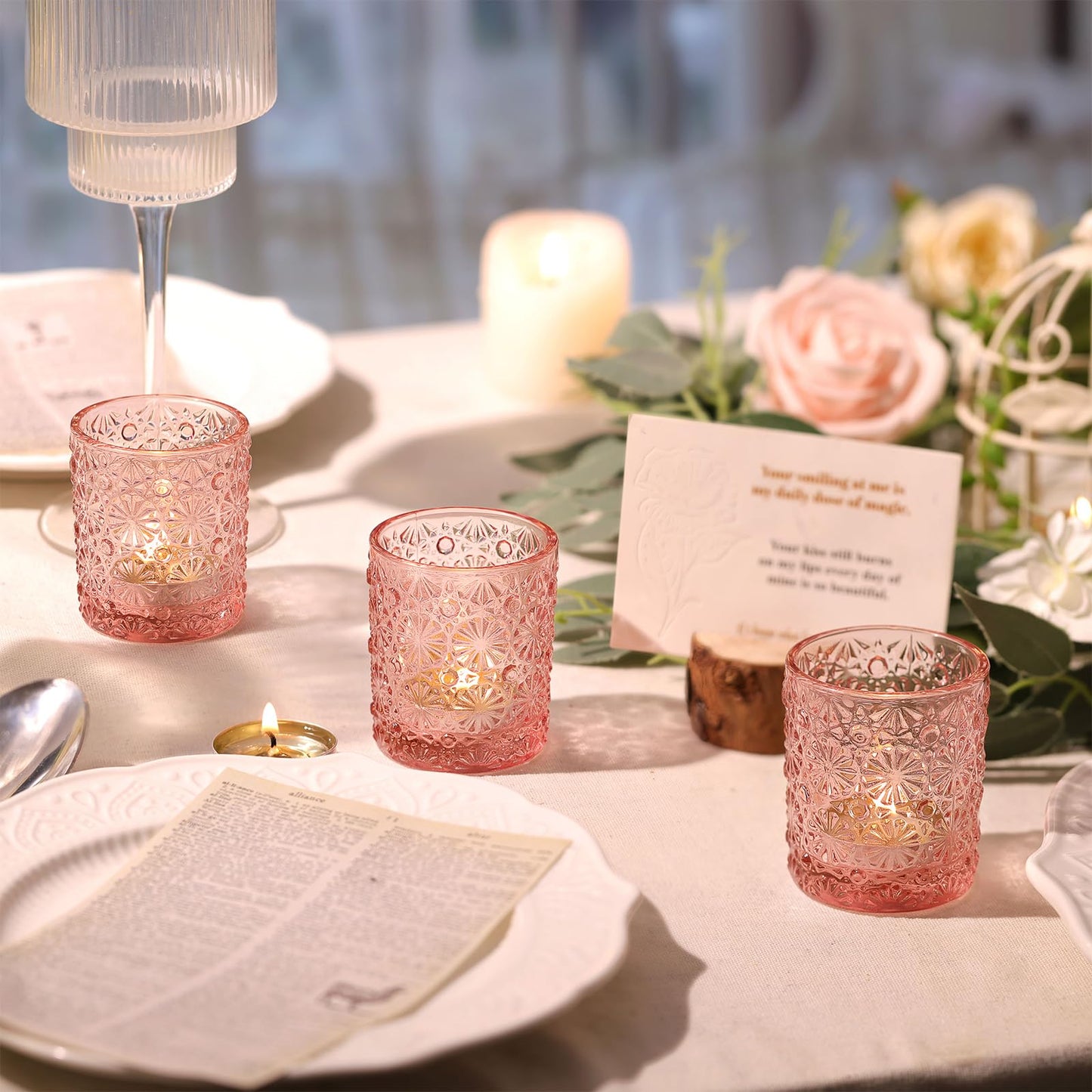 Lanttu Pink Votive Candle Holder Set of 12, Flower Tea Lights Candles Holders for Wedding Table Centerpieces, Birthday Parties, Anniversary, Pink Bridal Shower and Holiday Decorations