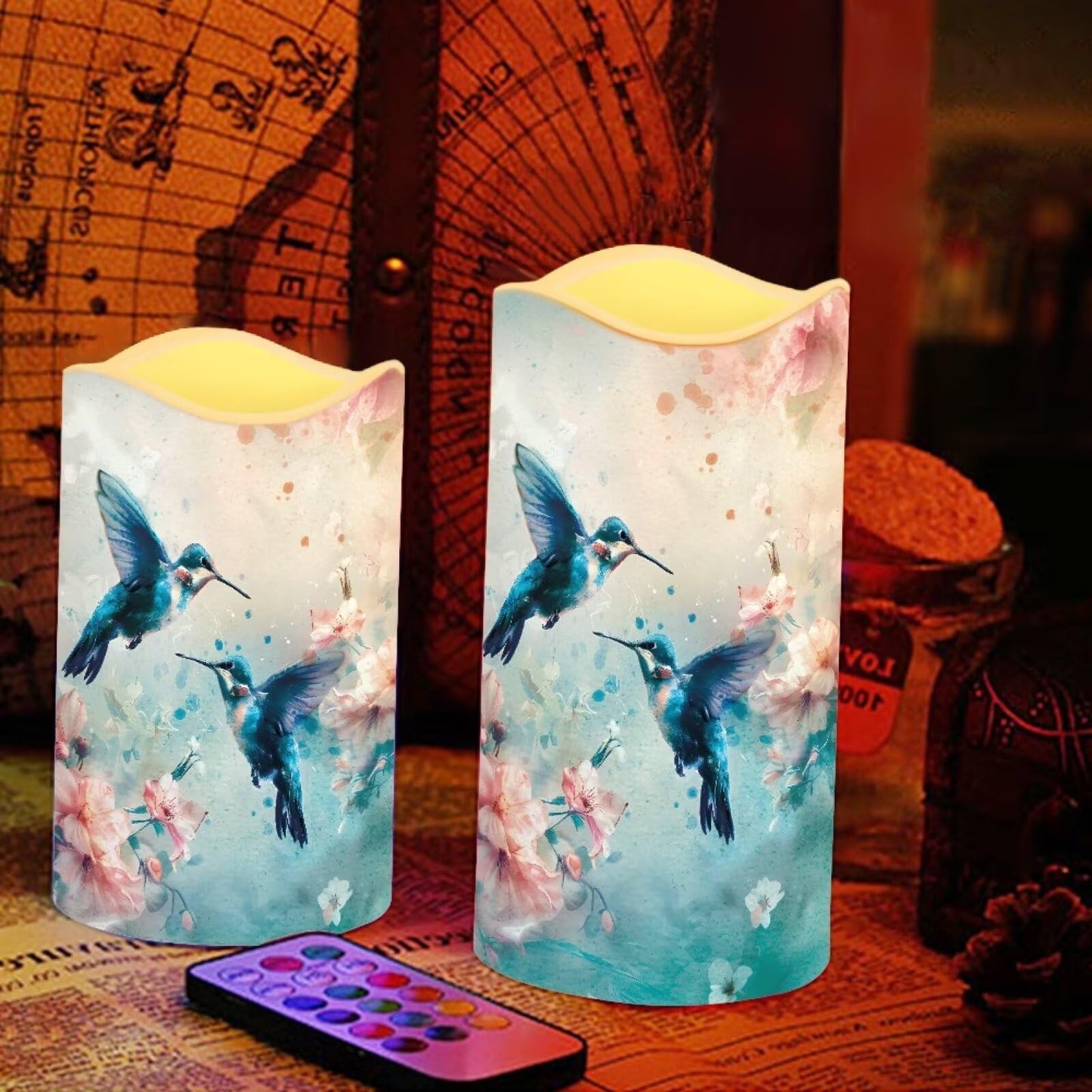Cozeyat Blue Bird Anniversary Gift Flameless Candles 4 Pack Battery Operated with Remote Timer LED Pillar Candles Flickering Waterproof for Indoor Outdoor