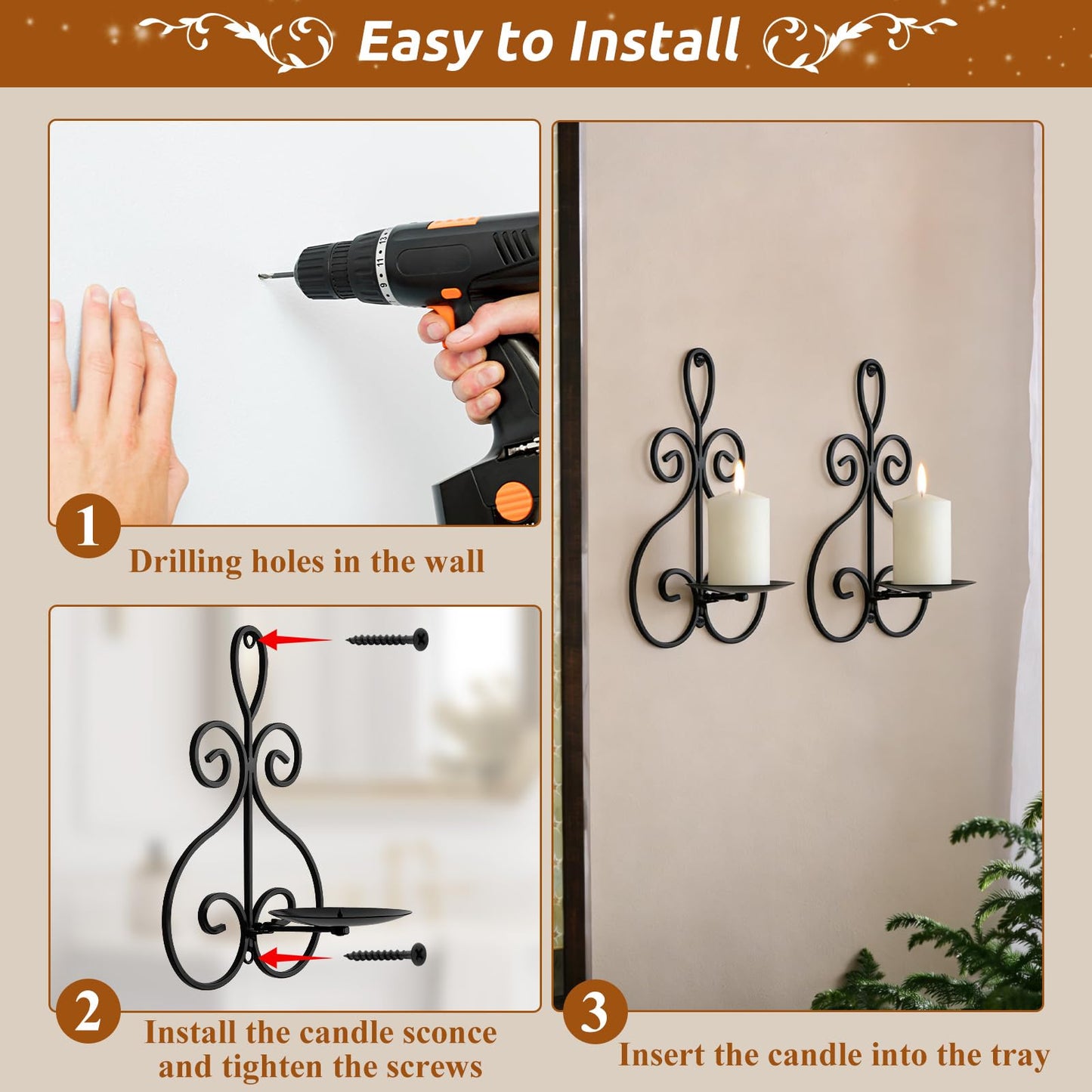 Wall Candle Sconces Set of 2, Double Scroll Pattern Candle Sconces, Metal Wall Candle Holder for Home Decor, Living Room, Dining Room, Bedroom, Black, Gifts for Men Women Mom or Dad