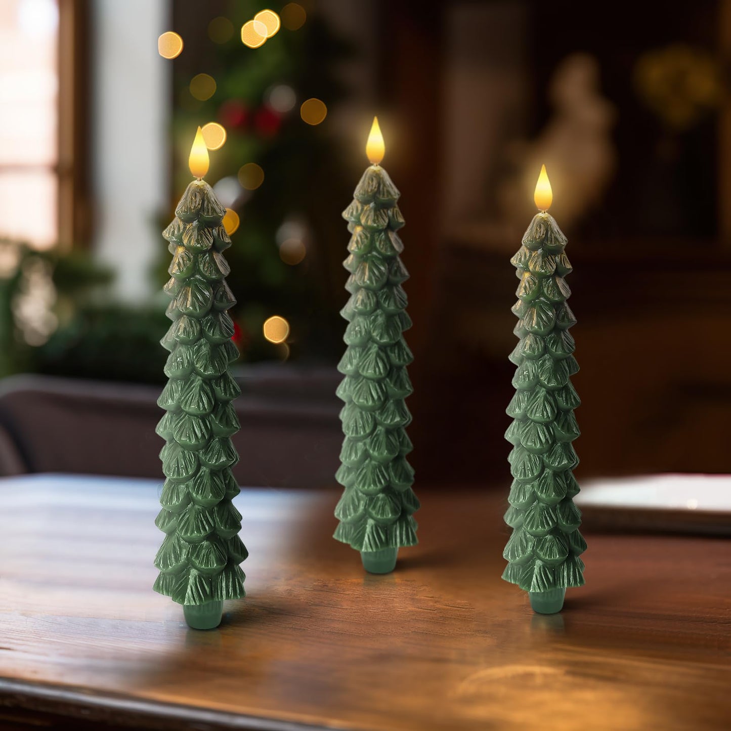 Homemory 3 Pcs Christmas Tree Candles with Remote, Waxy Flameless Taper Candles Flickering, Green LED Candlesticks Battery Operated for New Year Celebration Holiday Decorations 9.7 Inches