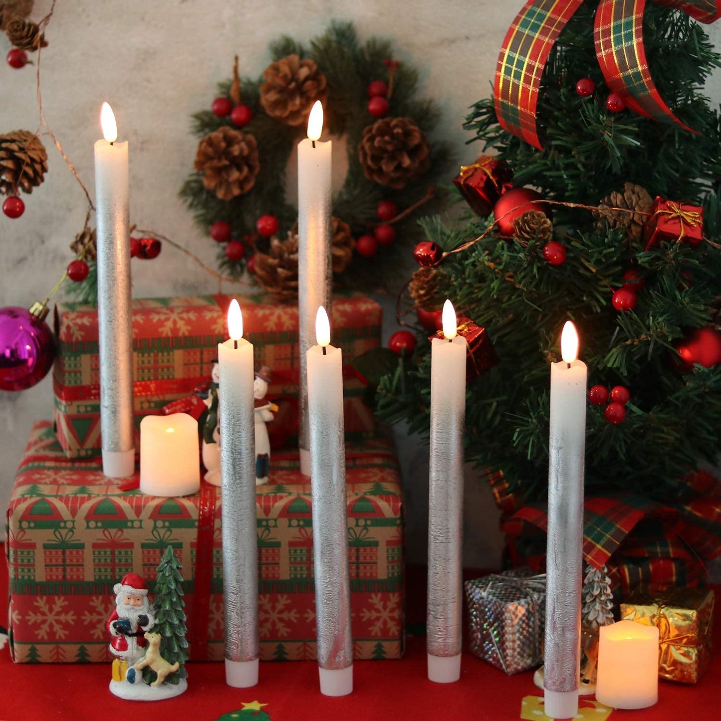 Wondise Flameless Taper Candles with Remote & Timer, 9 Inch Real Wax Silver Battery Operated LED Flickering Candles for Christmas Thanksgiving Decorations