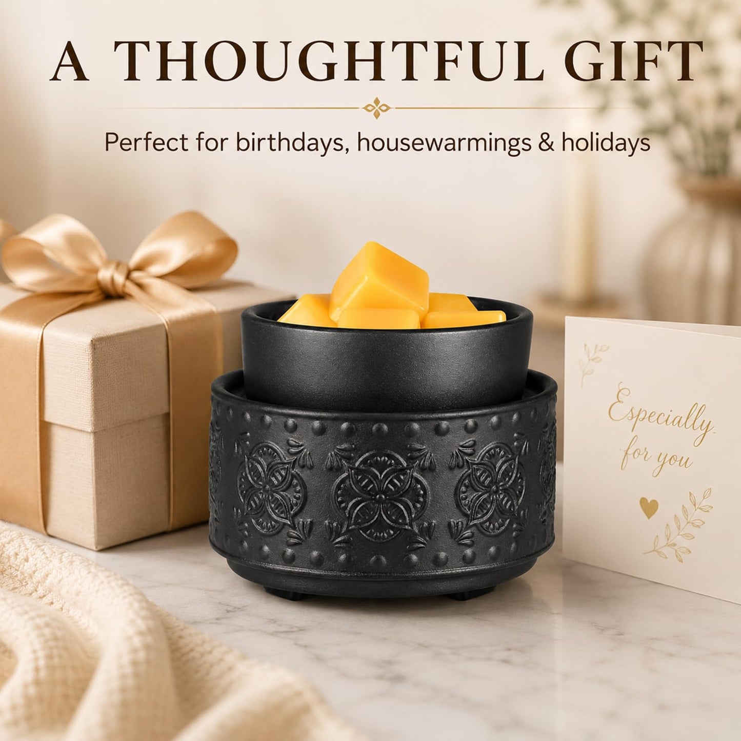 Mocosa Ceramic Wax Warmer Wax Melt Warmer for Scented Wax 3-1 Electric Candle Warmer Home Fragrance Wax Burner Perfect Christmas Gifts for Mom Women(Black-Granular)