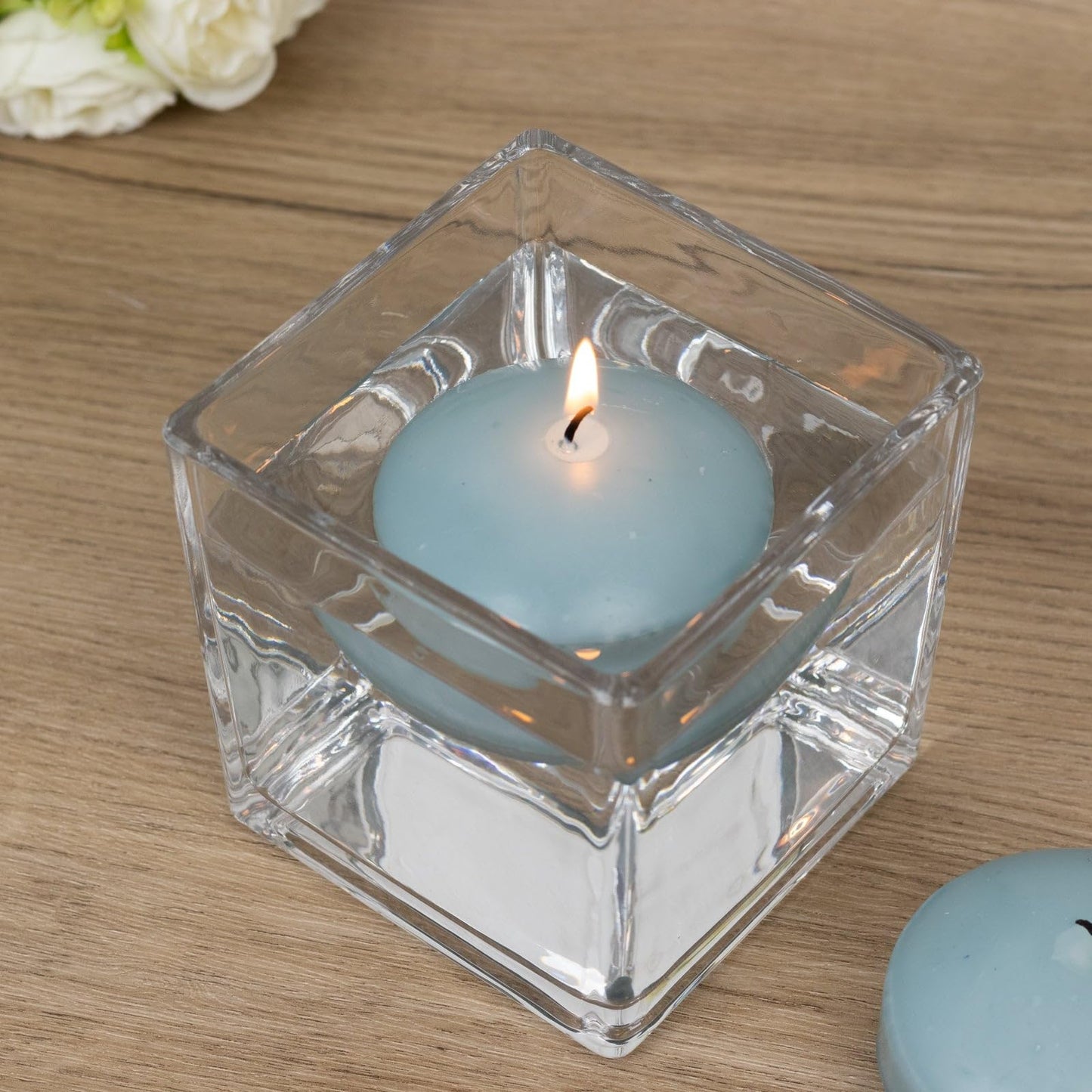 Efavormart 12 Pack 3" Dusty Blue Unscented Floating Candles, Long Burn Dripless Wax Discs with Cotton Wick for Cylinder Vases and Wedding Centerpieces