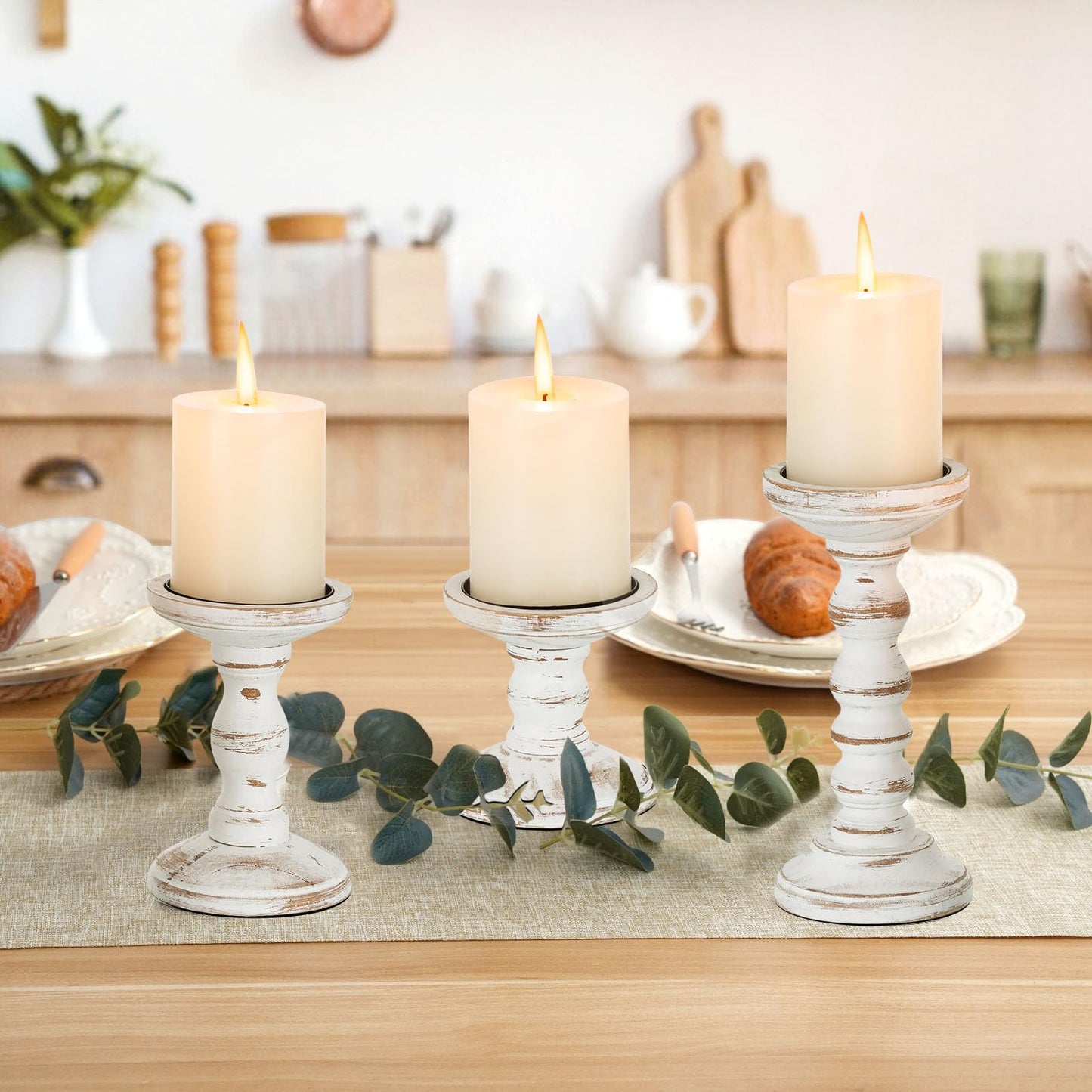 Romadedi Wood Candle Holders for Pillar Candles - Set of 3 Tall Farmhouse Wooden Candlestick Holder, Rustic Candle Stand for Fireplace Mantle Shelf Table Home Decor, Brown Whitewashed 6"/ 8.3"/11.8"