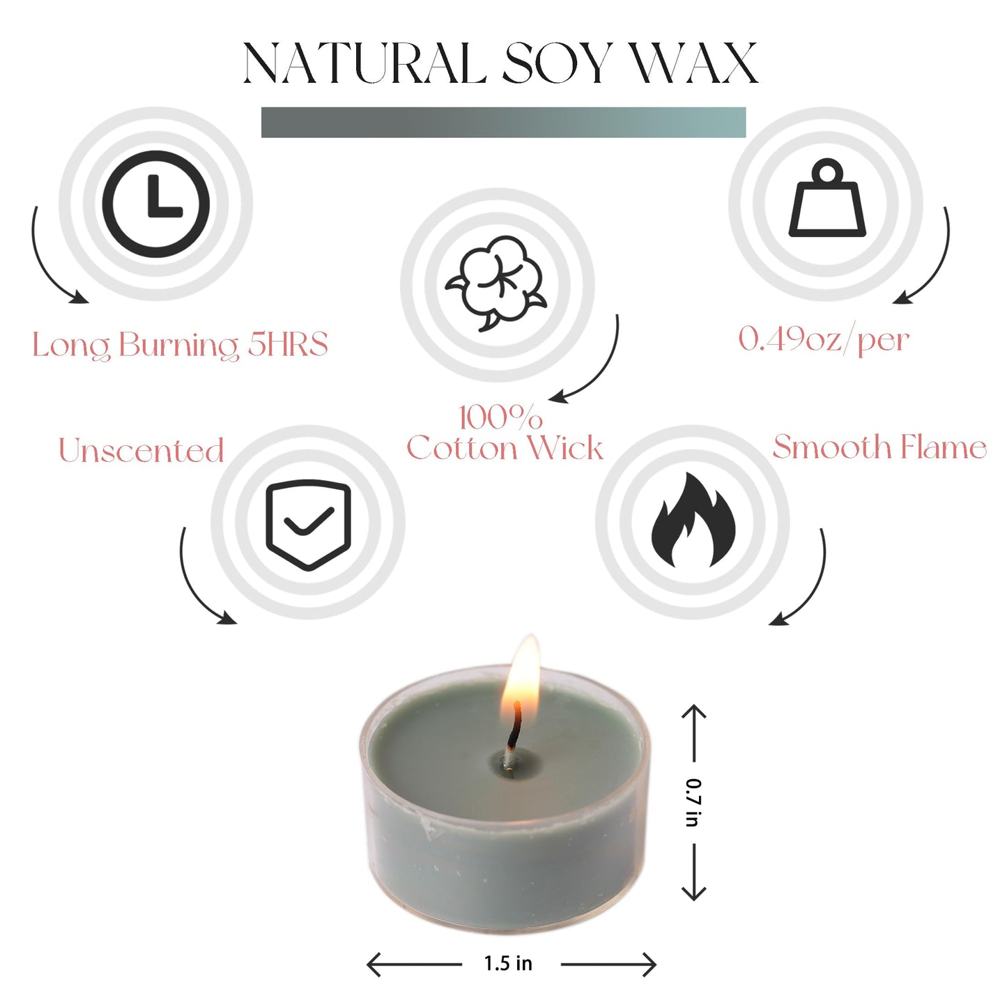 MUUFAZA 12 Unscented Natural Soy Tealight Candles in Clear Cups, 5H Long Clean Burning, Hand-Poured Green Mini Tea Candle Set for Parties, Spa, Meditation, Gift, Holiday, Emergency, Home Decor