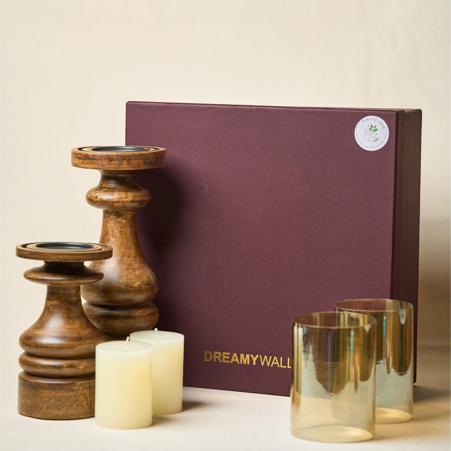Dreamy Walls Wood Candle Holders Set of 2 Farmhouse Boho Pillar Candle Stands with Glass Covers Handmade Wooden Table Centerpiece Decor (Gift Box - with 2 Candles)