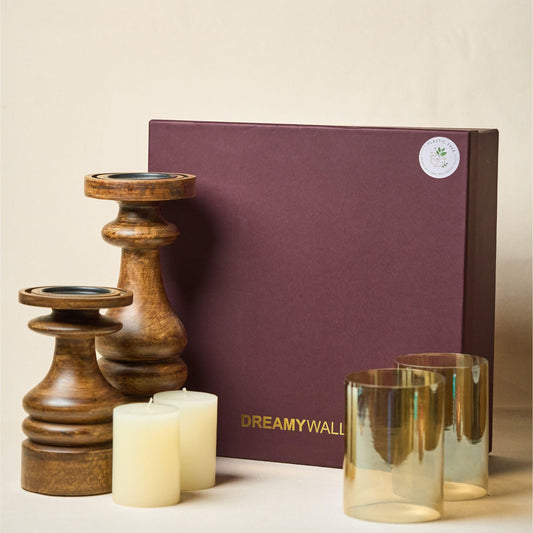 Dreamy Walls Wood Candle Holders Set of 2 Farmhouse Boho Pillar Candle Stands with Glass Covers Handmade Wooden Table Centerpiece Decor (Gift Box - with 2 Candles)