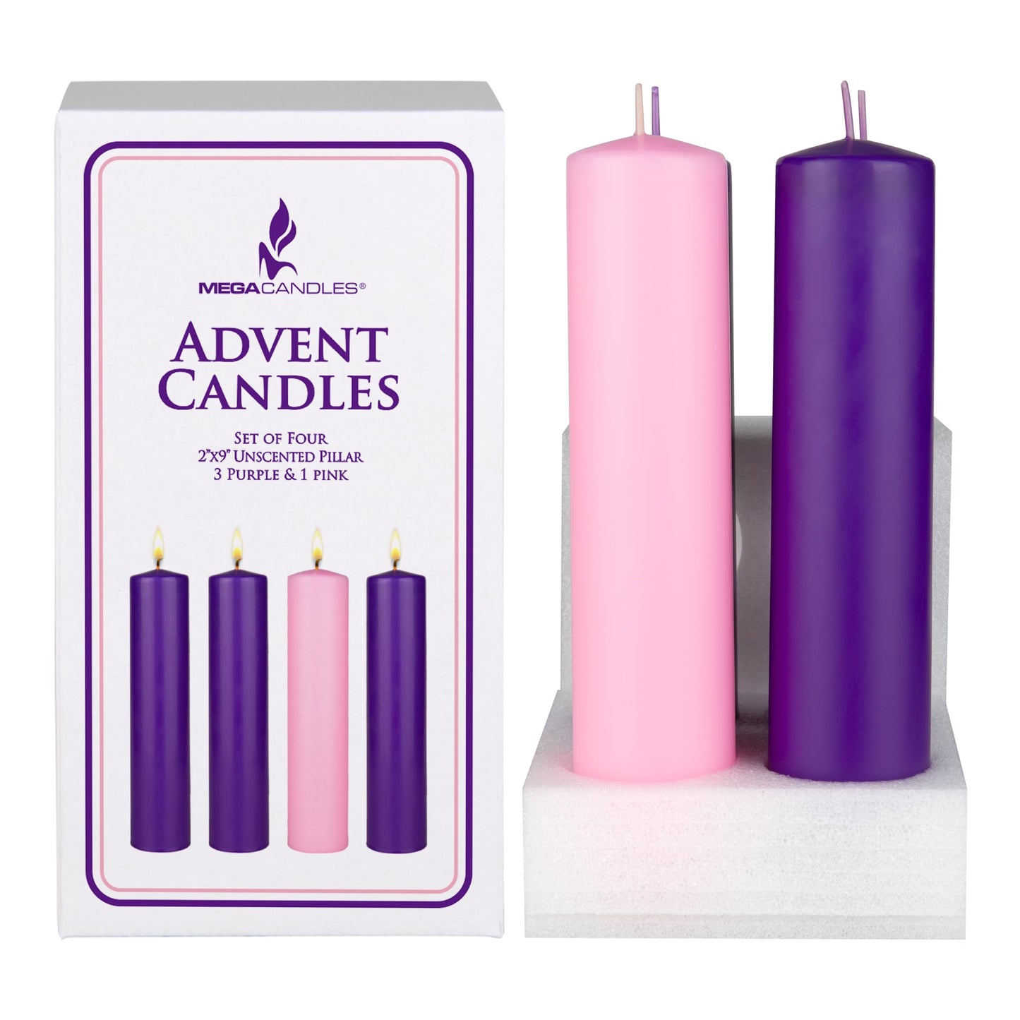 Mega Candles 4 pcs Unscented Christmas Advent Candles Set, Hand Poured Premium Wax Dome Top Round Pillar Candle 2 Inch x 9 Inch, Holidays, Festivities, Devotional, Church, Wreath, Party, Gifts