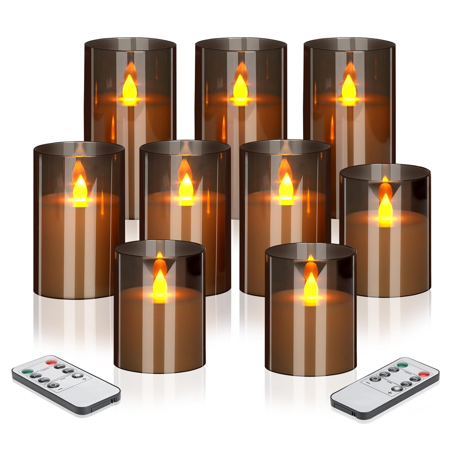 Flameless Candles 4" 5" 6" Acrylic Glass Pillars 3" Diameter Battery Operated Flickering Candles Include Remote with 24Hour Timer Function 400+ Hours by 2 AA Batteries (Gray, Warm Light 9 Pack)