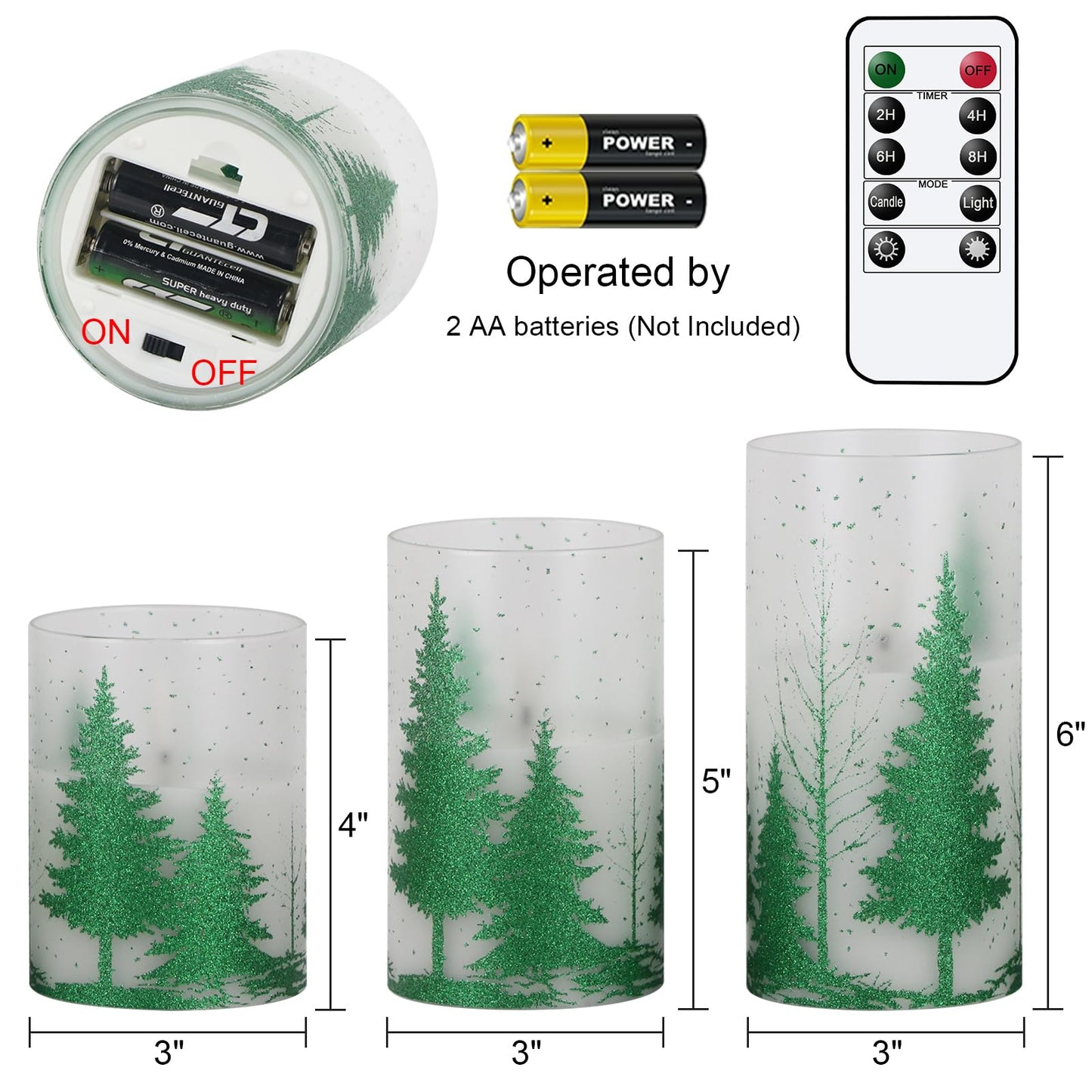 DRomance Christmas Tree Glass Flameless Candles with Remote Timer Battery Operated Real Wax 3D Wick LED Flickering Pillar Candles Christmas Holiday Decor(Green, 3 x 4,5,6 Inch)