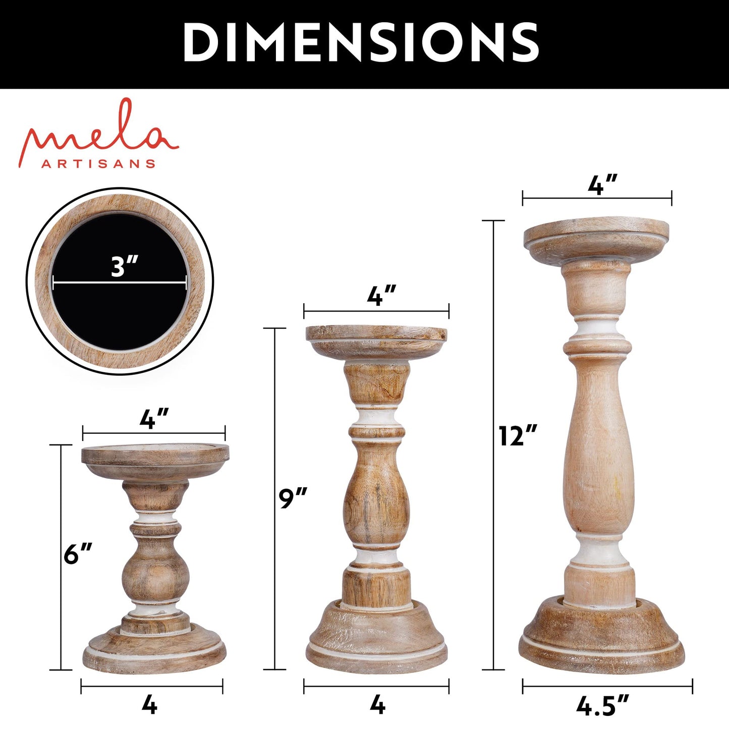 Mela Artisans 6”, 9” & 12” Mango Wood Pillar Candle Holder Set of 3 – Tuli Design Whitewashed – Wooden Candle Holders for Table, Mantel & Living Room Décor