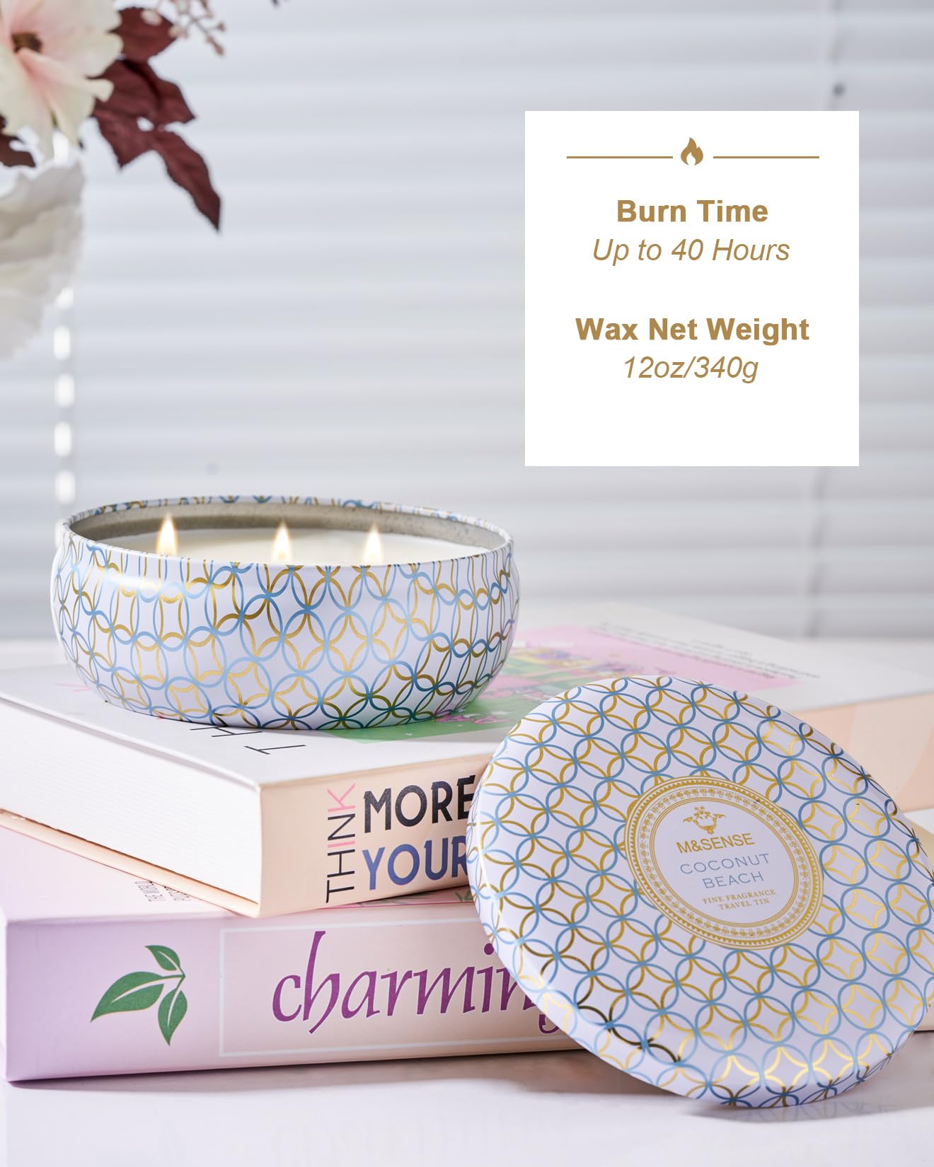 M&SENSE Coconut Beach Scented Candles 12 oz, Large 3 Wick Soy Tin Candle, Over 40 Hour Burning Time, 100% Natural Vegan Wax, Relaxing Aromatherapy Aesthetic Candle Gift for Women Men