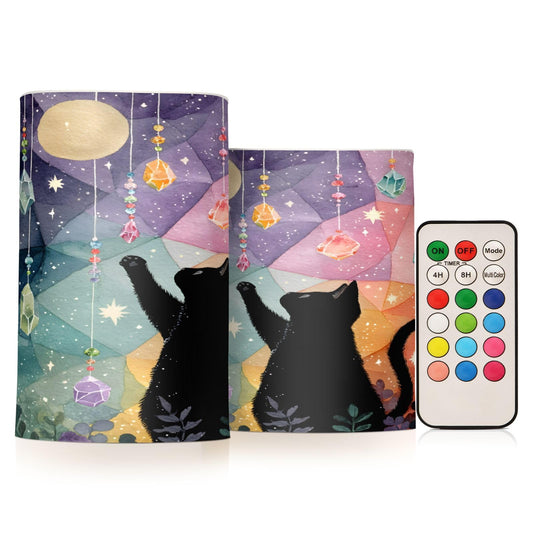 ALAZA Flameless Candles with Remote Timer,Cat Colorful Stone Battery Operated Candles Set of 2 LED Tea Lights Flickering Pillar Votive Candles for Indoor Outdoor Decor