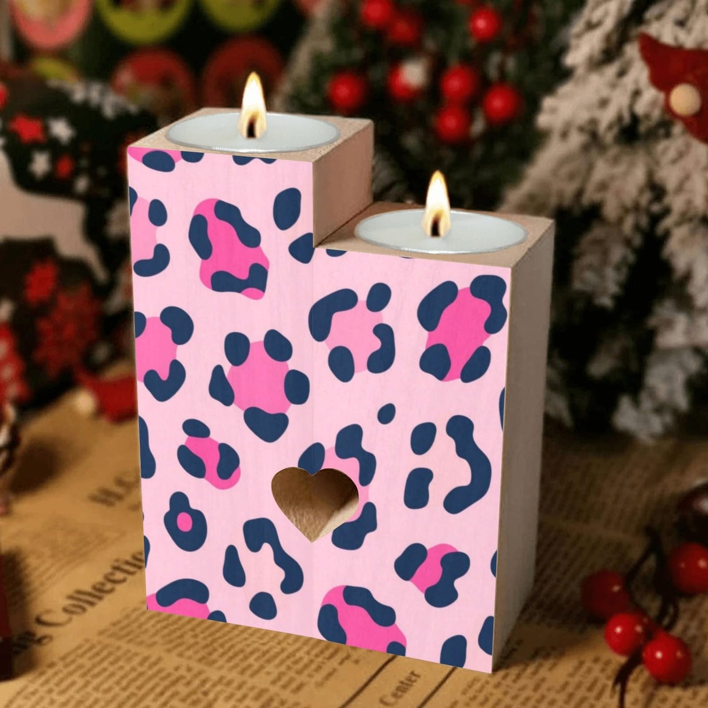 pnyoin Animal Skin Pink Black Candle Holders Gift for Women Wooden Heart Candlestick Personalized Christmas Birthday Graduation Friendship Gifts Home Wedding Dinning Party Decorative