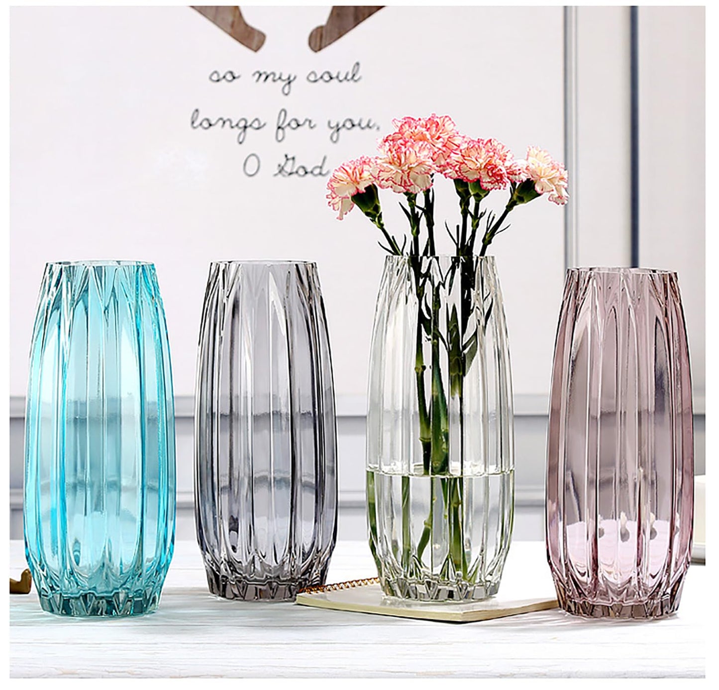 Lucky Bird Modern Ribbed Blue Glass Vase for Flowers, Candles, and Decorative Accents - Tall/Short for Centerpieces and Table Decor (12.0inch)