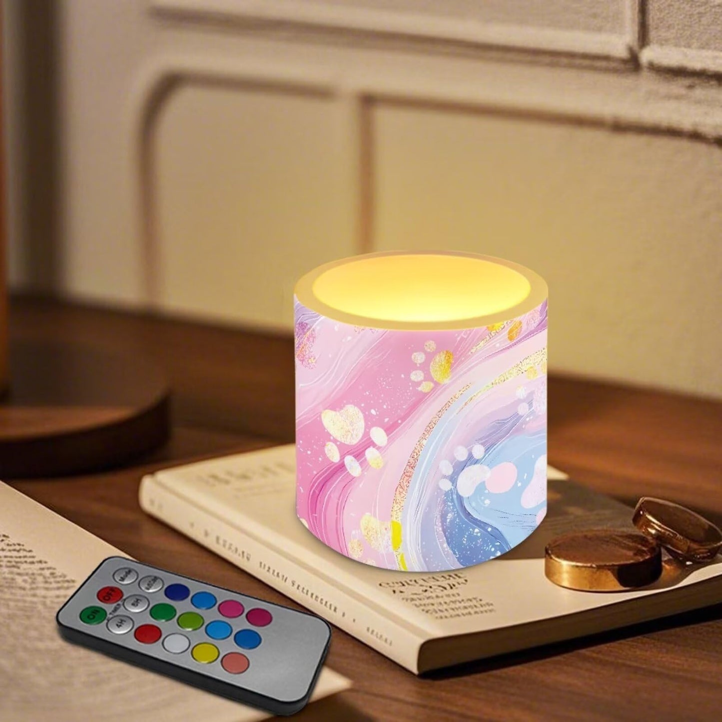 Cozeyat Pink Blue Marble Flameless Candles 4 Pack Battery Operated with Remote Control Timer LED Pillar Candles Waterproof for Indoor Outdoor Decor