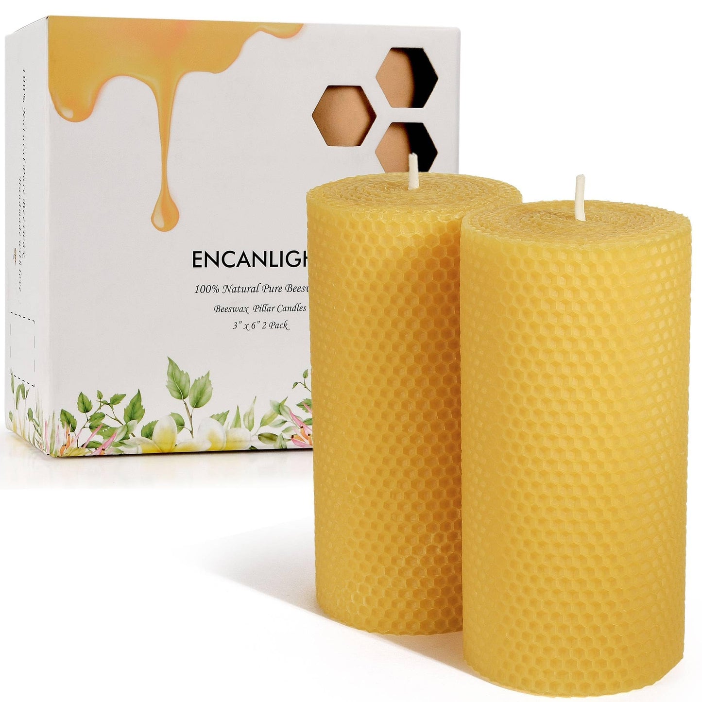Pure 3x6 Inch Natural Bees Candles Hand Rolled Candle 2 Pack,Honeycomb Candles Pillar Candle 30 Hours Long Burning,Dripless and Smokeless for Home Decor Party Dinner Gifts