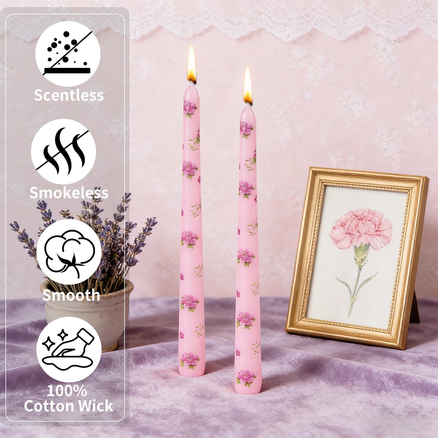Taper Candles,10 inch 2pc Pink Tapered Candles with Peony Printed, Unscented and Smokeless Long Burning Candles,Tall Candlesticks with Cotton Wicks,Ideal for Weddings, Home Décor