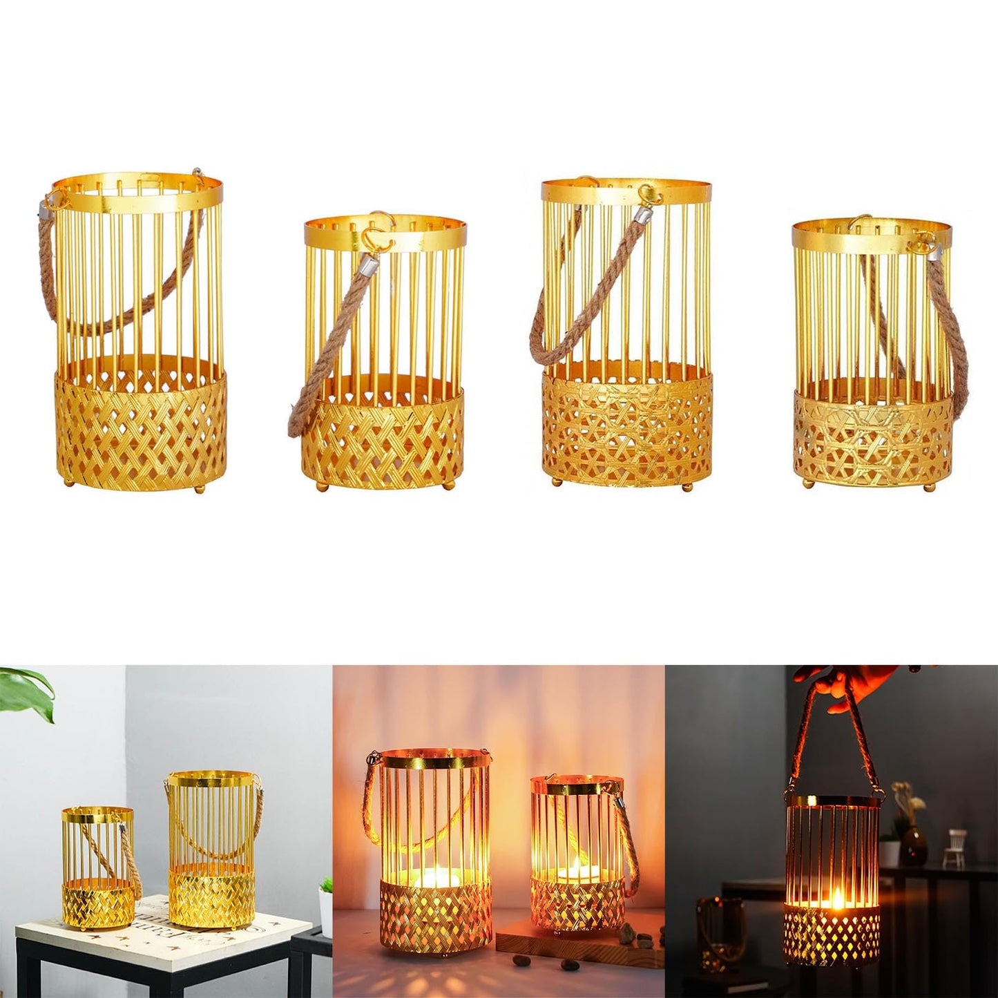 MIXIKE 2Pcs European Metal Candle Holder Hollow Out Iron Candlesticks with Rope Handle Hangings Tealight Candle Stand for Party