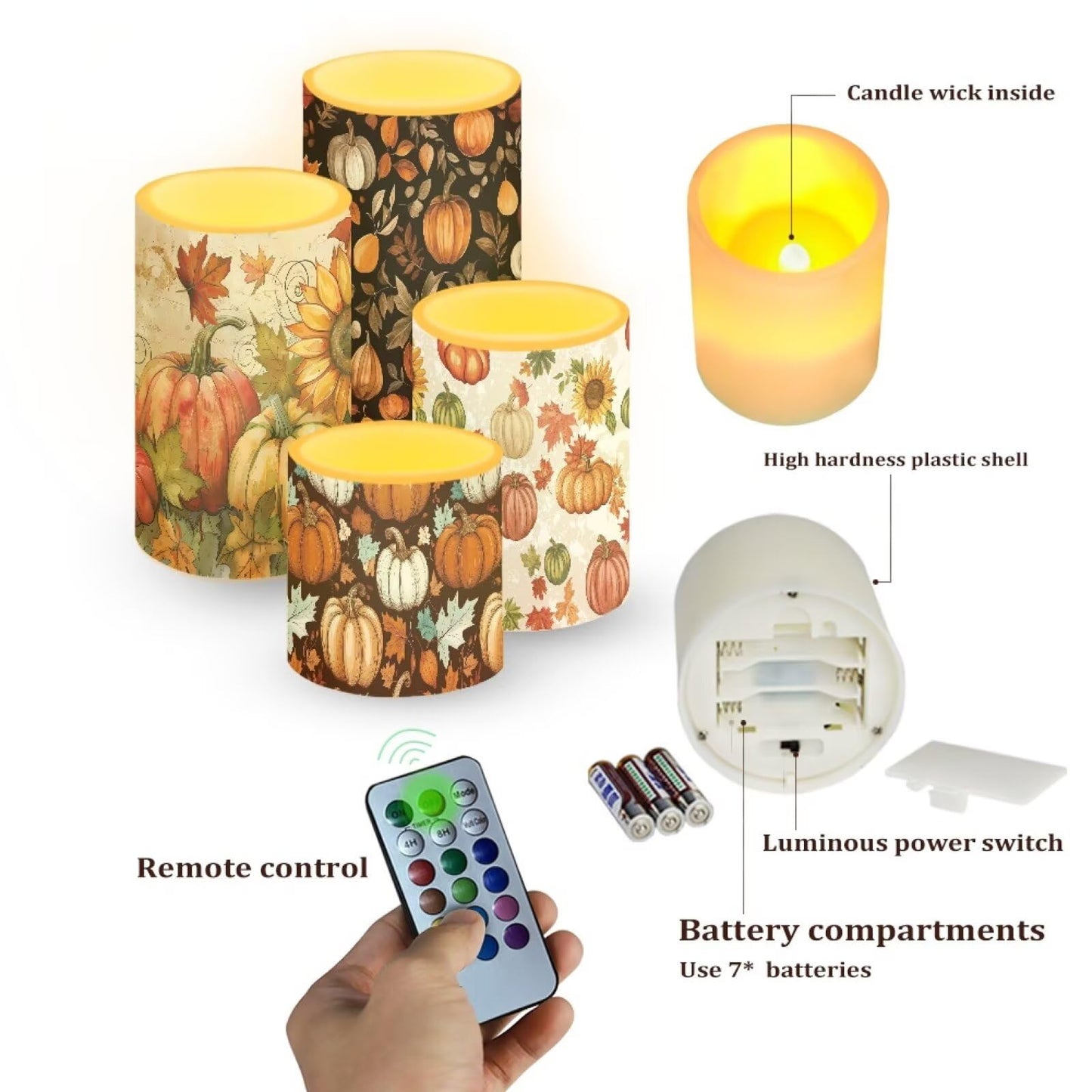 NETILGEN Fall Harvest Pumpkins Print Flameless Electric LED Pillar Candles Lamps with Remote Timer Control Long Lasting for Thanksgiving Day Home Party Set of 4