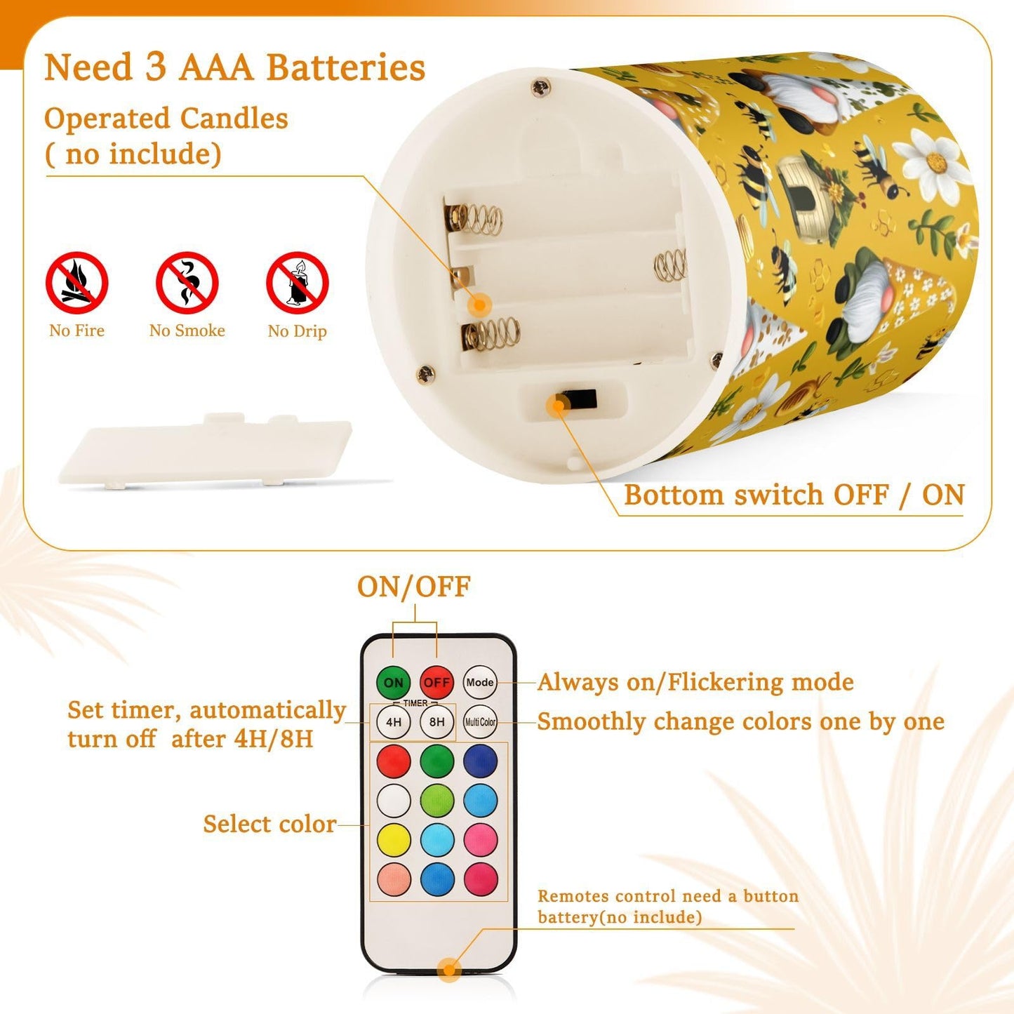 Flameless Candles Battery Operated White Sunflowers Gnome Flickering Led Pillar Candles With Remote Control Summer Honey Floral Colour Changing Warm Light Candles For Wedding Festival Halloween Chr