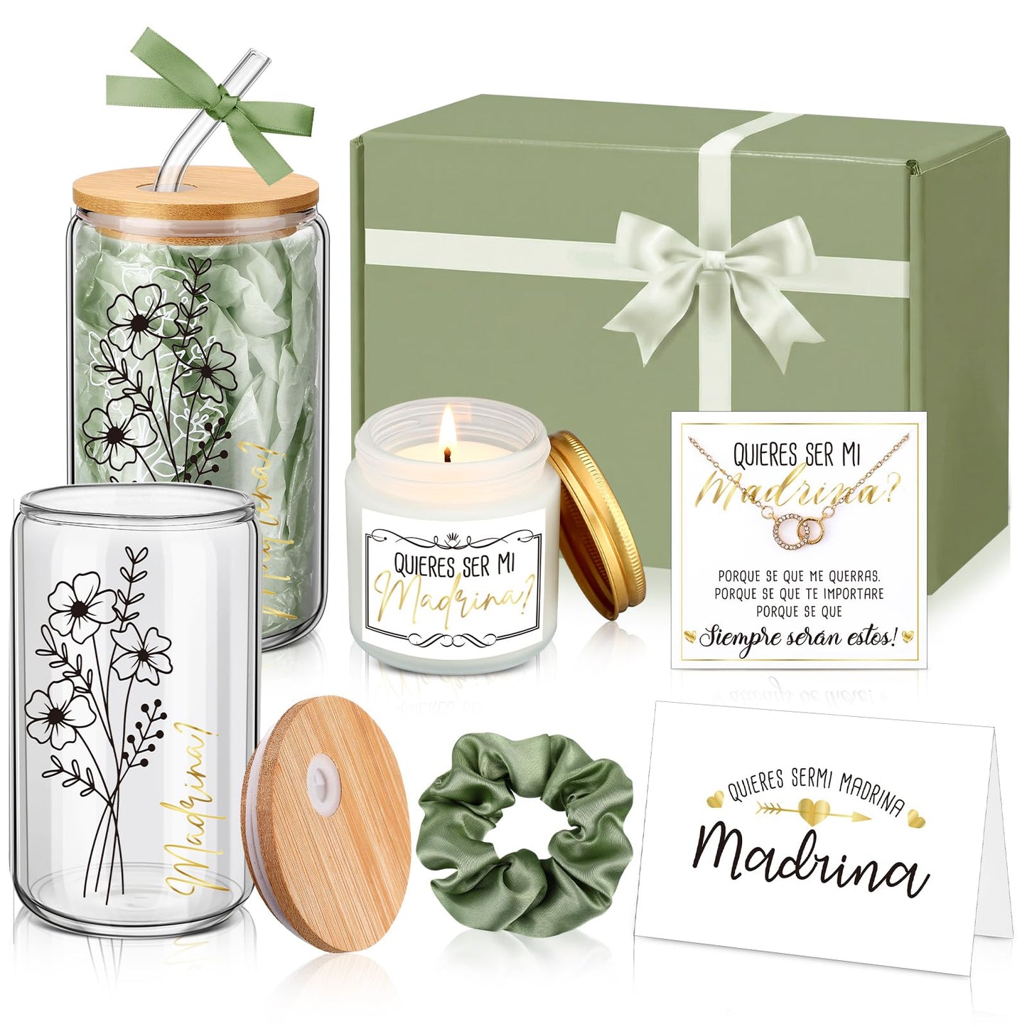 Singhoow 6 Pcs Godmother Proposal Gift Set, Will You Be My Godmother Gift Box, 16oz Glass Cup, Necklace & Scented Candle from Godchild for Baptism Mother’s Day Birthday(Spanish,Sage Green)