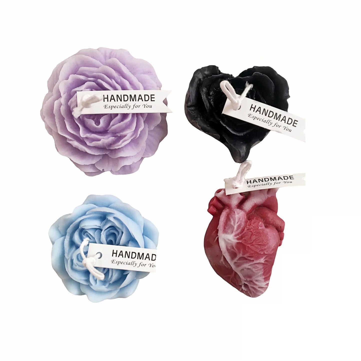 Cooary 4 Pcs Low Temperature Candles Purple Peony Flower Shaped Black Heart Red Heart Blue Austin Rose Scented Starlight Gilded Candles Adult Low Heat Body Safe Drip Wax Play for Couples
