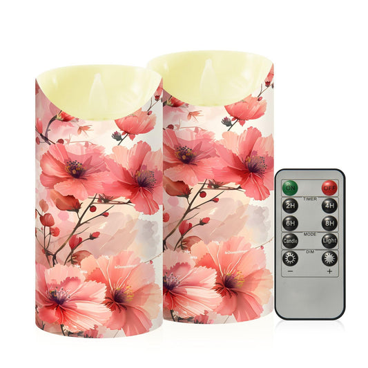 ALAZA Leaves Red White Flower Flickering Flameless Candles Battery Operated with Remote Timer,Tea Light Candles LED Pillar Votive Set of 2 for Outdoor Indoor Decorations 3" x5.9"