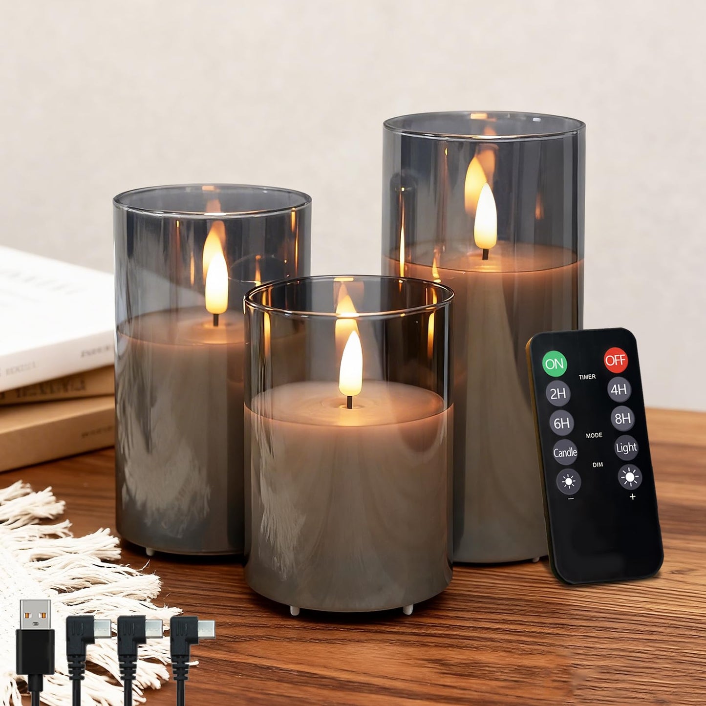 NICE POINT Rechargeable Flameless Candles, Flickering LED Flame Pillar Glass Fake Candles with Remote and Timer,Real Wax Flameless Candles for Living Room, Bedroom & Holiday Décor(Gray)