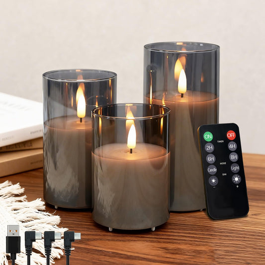 NICE POINT Rechargeable Flameless Candles, Flickering LED Flame Pillar Glass Fake Candles with Remote and Timer,Real Wax Flameless Candles for Living Room, Bedroom & Holiday Décor(Gray)