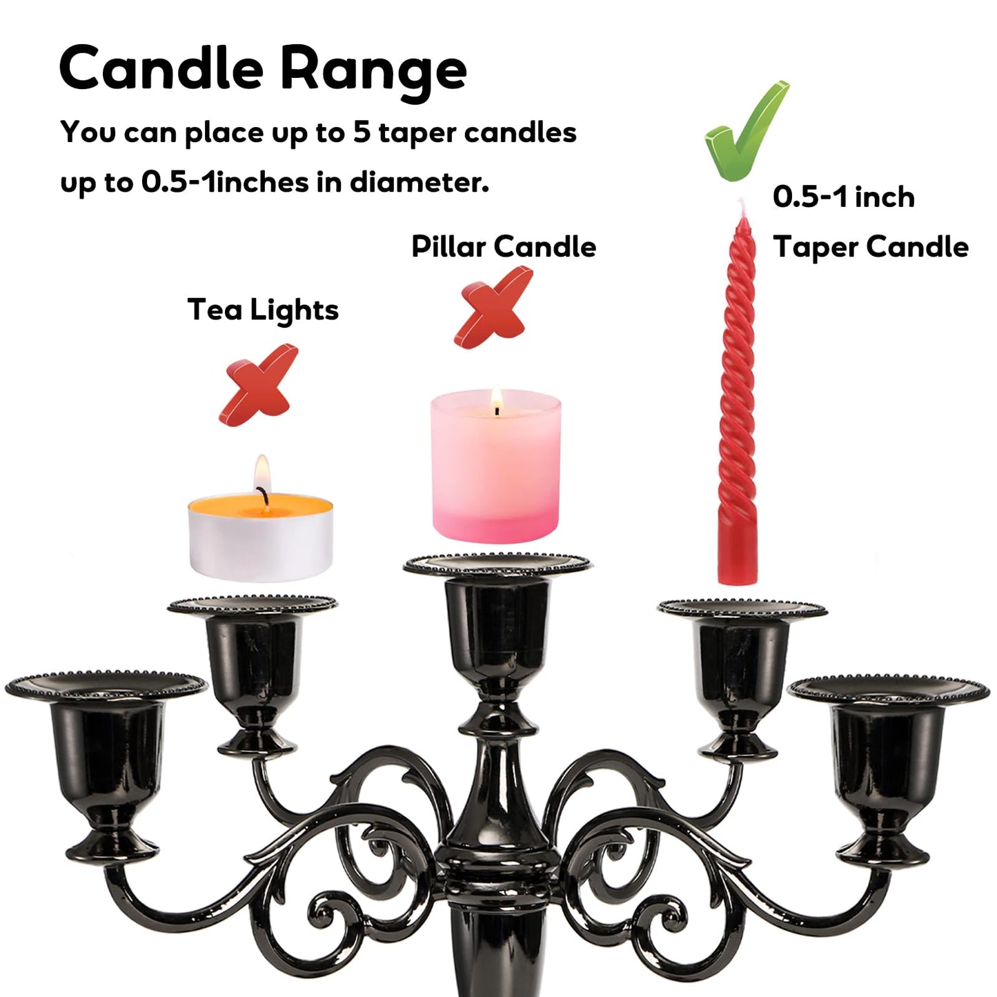 YOUEON 5 Arm Black Candelabra, Candelabra Candle Holder, 10 Inch Tall Candlesticks Holder, Elegant Taper Candle Holder Centerpiece for Wedding, Church, Halloween, Dining, Home Decor