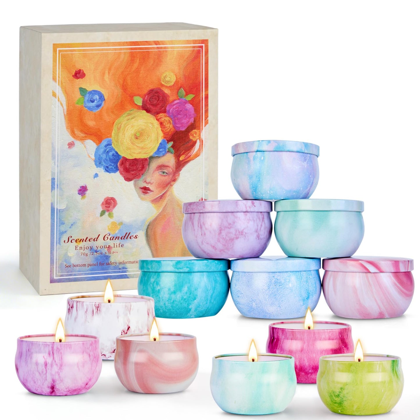 Scented Candles Gift Set for Women, 12 Pack Soy Wax Aromatherapy Candles with Spring Summer Fresh Scents, Up to 300H Total Burn Time, Colorful Portable Tin Candle Gift for Mom, Birthday & Housewarming