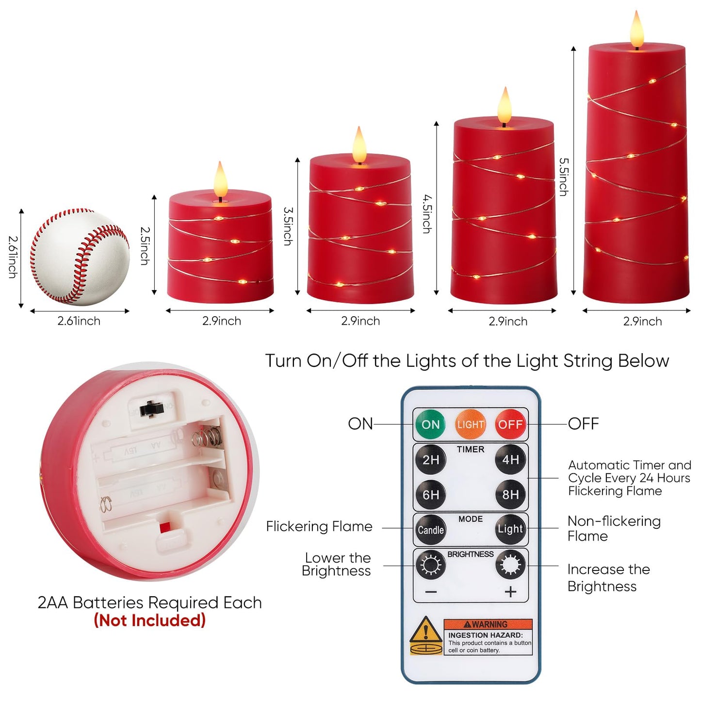 Raycare Independence Day Flameless Candles with Remote Timer, Flickering Battery Operated LED Pillar Fake Candle with String Lights for 4th of July Patriotic Home Decor, Wedding Gift, Red, Set of 5