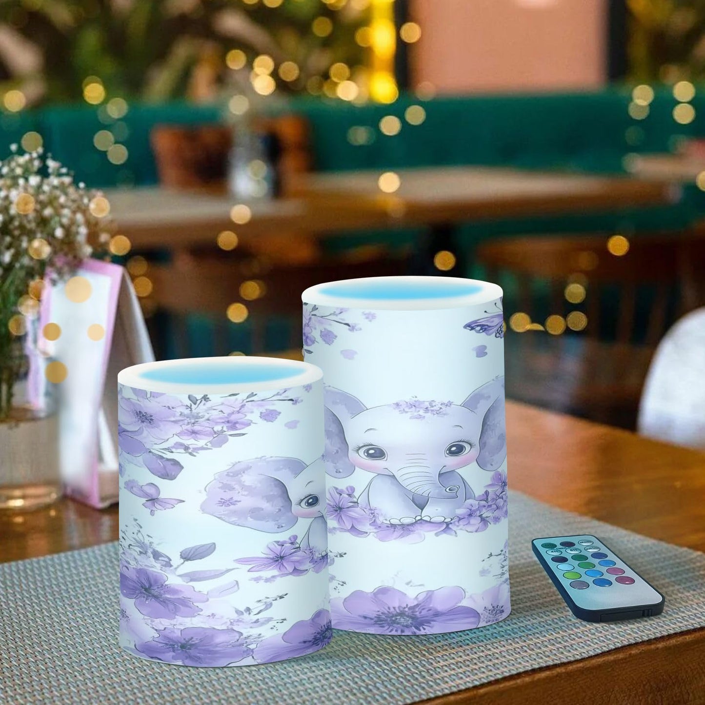 WEVIBOFU Purple Elephant Butterfly Flower Flickering Flameless Candles LED Battery Operated with Remote Timer Pillar Candles for Home Birthday Wedding Christmas Decor, Set of 2